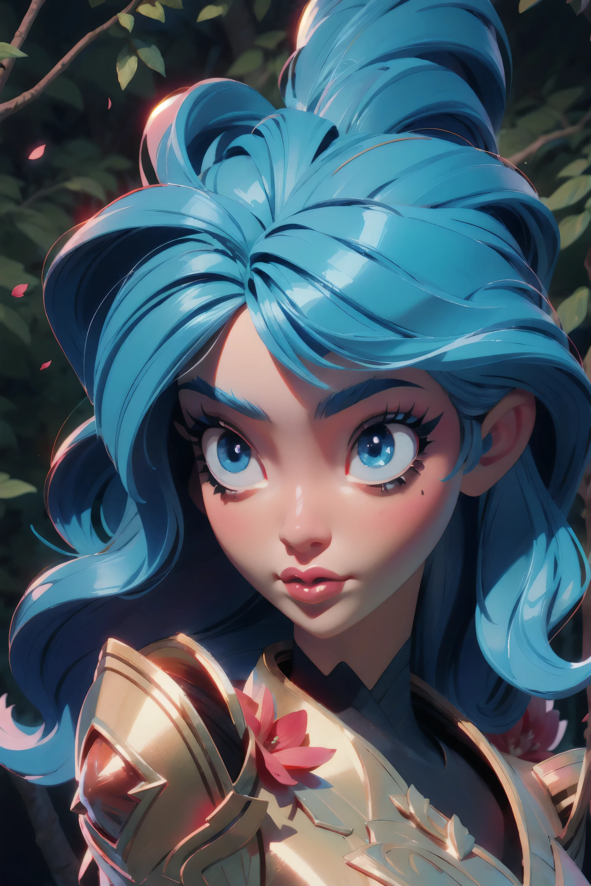 (masterpiece:1.4), (best quality:1.4), A beautiful girl with blue hair, with big blue eyes, in detailed metallic armor, knight armor, lips, makeup, side angle, natural pose, Dramatic lighting, sunlight, in the forest, depth of field, 3d animated cartoon, vibrant, colorful, Watercolor, Ink, (best quality,4k,8k,highres,masterpiece:1.2),ultra-detailed,extremely detailed eyes and face, long eyelashes, vivid colors, detailed background, detailed face, (sunshine theme:1.1), (style-swirlmagic:0.8), floating red particles, floating red petals