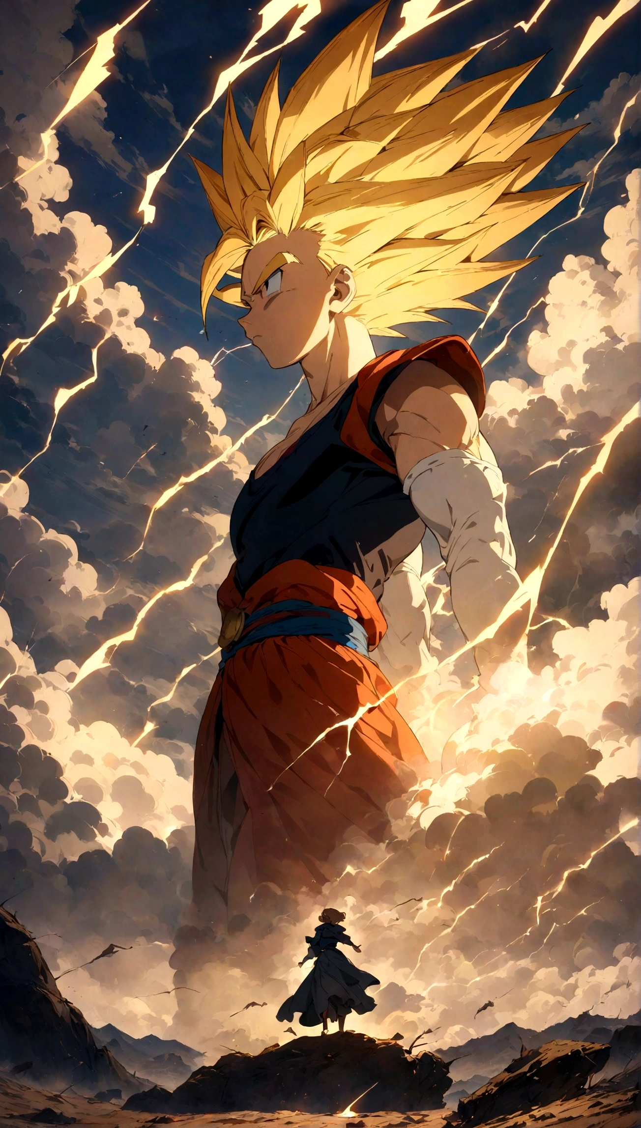 (Best quality, masterpieces,anime style,style of akira toriyama:1.1)，super saiyan，Bursting air,amazing, wind,clouds, lightning,thunder