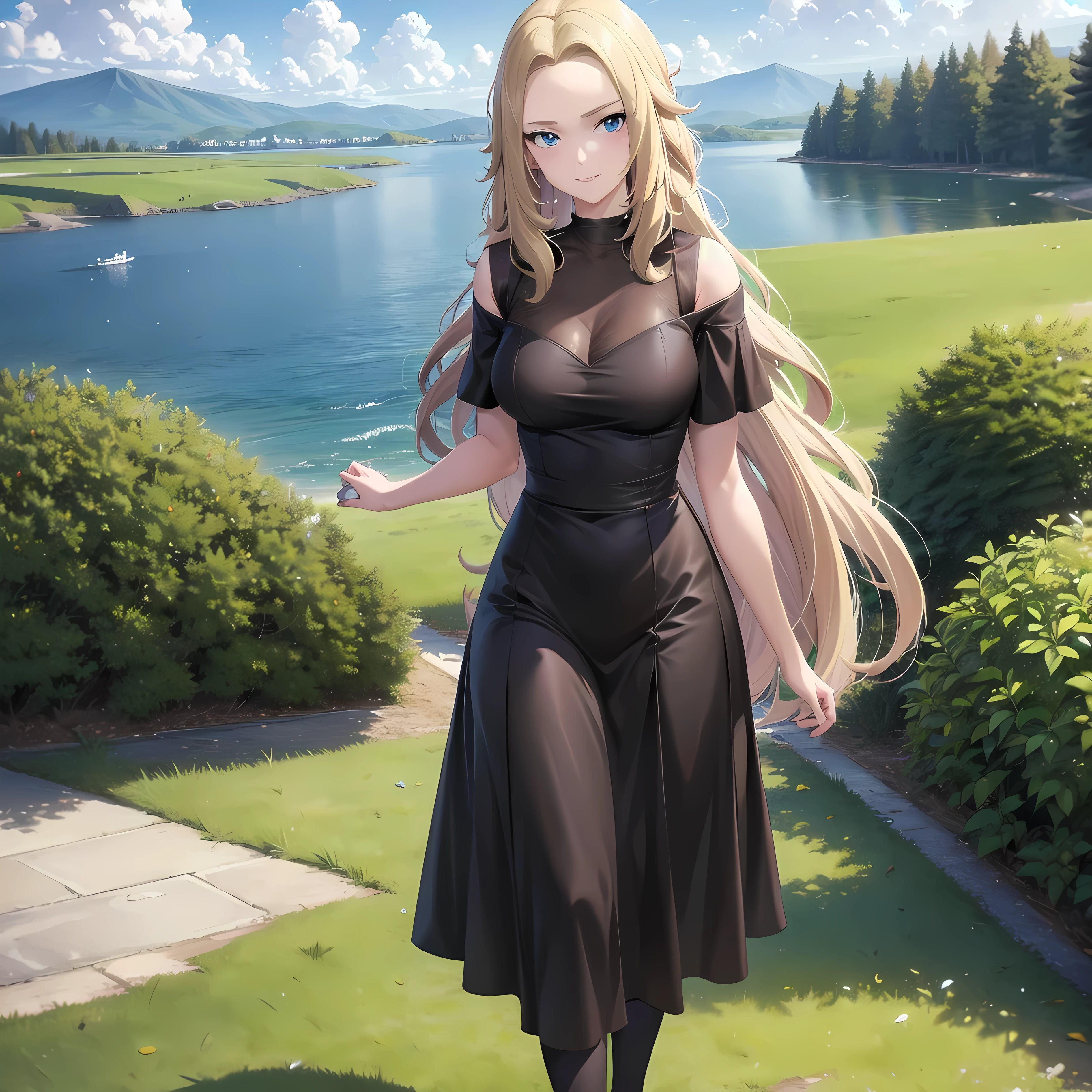 masterpiece, best quality, detailed, pov, 1girl, lass, smug, standing, grassy field, lake background, countryside distant background,