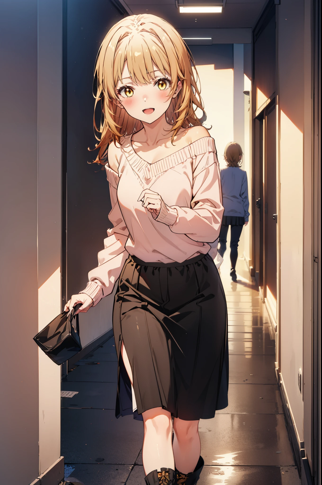 irohaisshiki, iroha isshiki, Long Hair, Brown Hair, (Brown eyes:1.5), happy smile, smile, Open your mouth,Yellow one-shoulder sweater,black long skirt,Black pantyhose,short boots,morning,morning陽,The sun is rising,whole bodyがイラストに入るように,Walking,scenery Building district,
break outdoors, balcony,
break looking at viewer,whole body,
break (masterpiece:1.2), highest quality, High resolution, unity 8k wallpaper, (figure:0.8), (Beautiful fine details:1.6), Highly detailed face, Perfect lighting, Highly detailed CG, (Perfect hands, Perfect Anatomy),