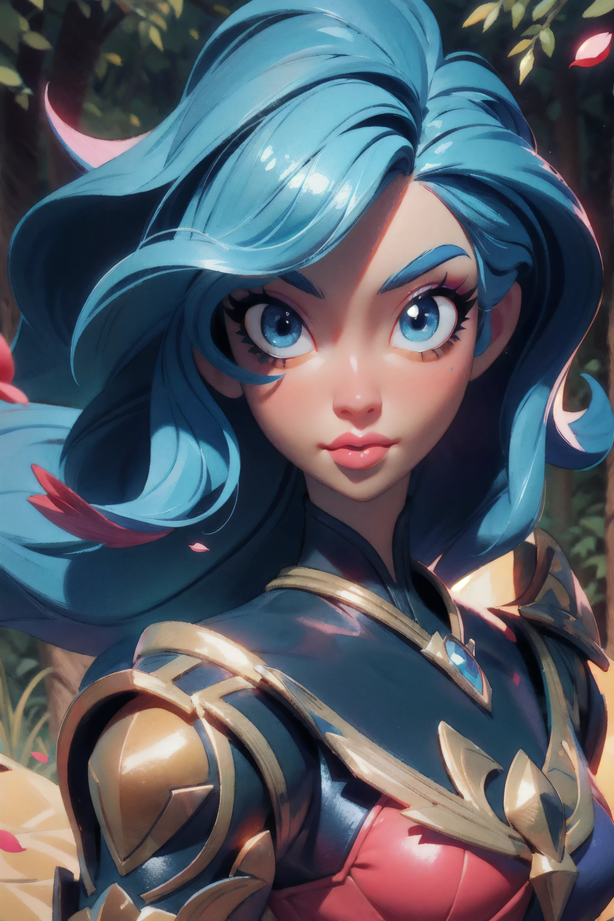 (masterpiece:1.4), (best quality:1.4), A beautiful girl with blue hair, with big blue eyes, in detailed metallic armor, knight armor, lips, makeup, side angle, natural pose, Dramatic lighting, sunlight, in the forest, depth of field, 3d animated cartoon, vibrant, colorful, Watercolor, Ink, (best quality,4k,8k,highres,masterpiece:1.2),ultra-detailed,extremely detailed eyes and face, long eyelashes, vivid colors, detailed background, detailed face, (sunshine theme:1.1), (style-swirlmagic:0.8), floating red particles, floating red petals