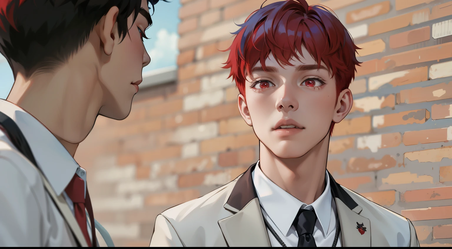 red hair red eyes cute 17 year old boy is at school