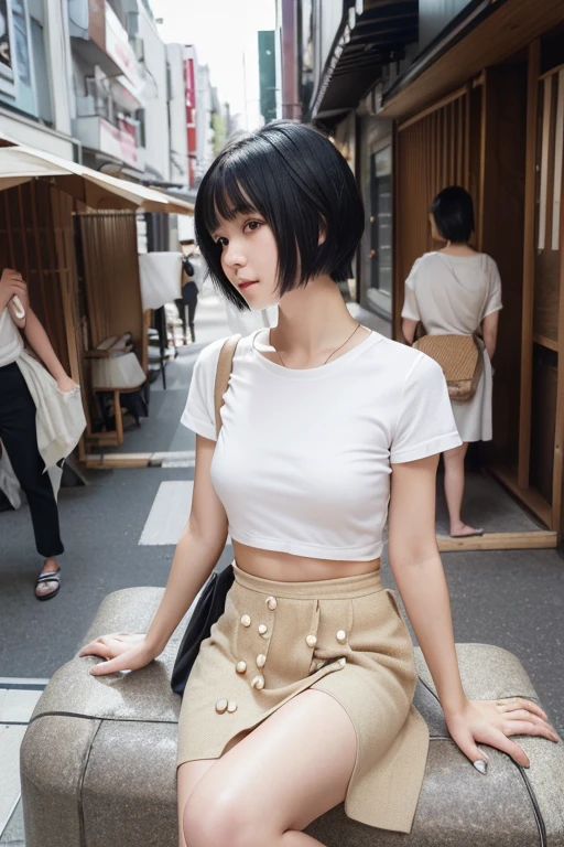 (High resolution:1.3), (16k, Photorealistic, Raw photo, Best image quality: 1.4), Japanese, (One Girl), Beautiful Face, (A vivid face), (Black-haired、short hair:1.3), Beautiful Hairstyles, Realistic eyes, Beautifully detailed eyes, (Realistic Skin), Beautiful skins, attractive, 超A high resolution, Surreal, High detail, Golden Ratio, Highly detailed cute girl,(20-year-old),  Tokyo、Omotesando、Daytime、Detailed Background、(Many passers-by:2.0), Casual white shirt, skirt, Wearing clothes、(Nipple 1.2、Belly button)