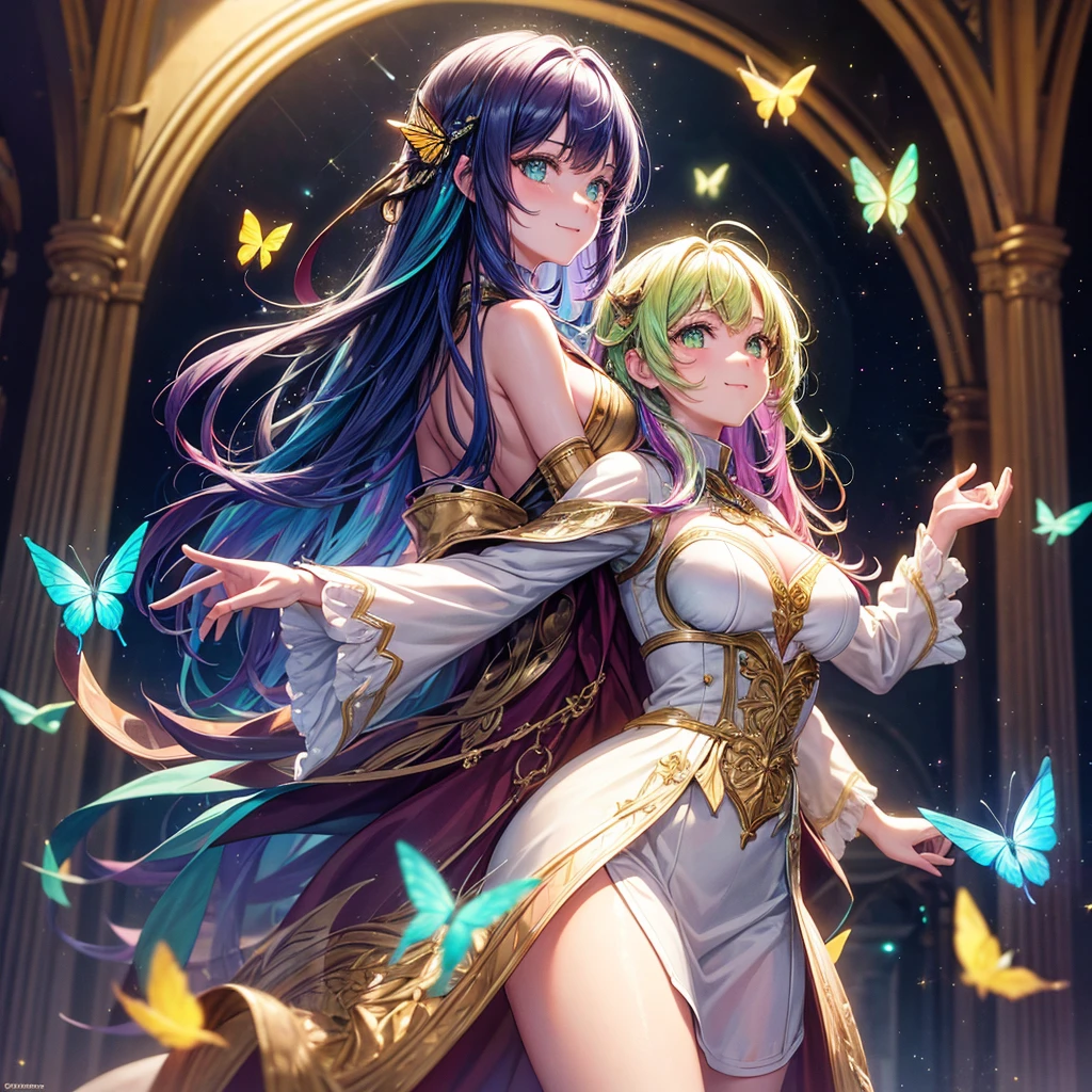 One girl, masterpiece, Very detailed, ((Cinema Lighting)), (Shine), ((Dramatic lighting)), ((Beautiful sparkle)), Intricate details, Lens flare, Multicolored Hair, Rainbow Hair, Long Hair, colorfulなドレス, butterflyの髪飾り, butterfly, (Particles of light), Put your arms behind your back, Big Breasts, [Curvy], Cowboy Shot, A light smile, Green Eyes, church, Stained glass, Spotlight, Dark Background, Floating Hair, Floating Hair, View Viewer,((colorful))