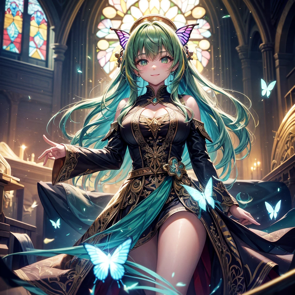 One girl, masterpiece, Very detailed, ((Cinema Lighting)), (Shine), ((Dramatic lighting)), ((Beautiful sparkle)), Intricate details, Lens flare, Multicolored Hair, Rainbow Hair, Long Hair, colorfulなドレス, butterflyの髪飾り, butterfly, (Particles of light), Put your arms behind your back, Big Breasts, [Curvy], Cowboy Shot, A light smile, Green Eyes, church, Stained glass, Spotlight, Dark Background, Floating Hair, Floating Hair, View Viewer,((colorful))