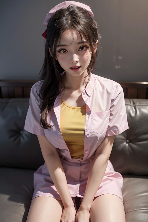 ((highest quality)), ((masterpiece)), (detailed), One girl,20-year-old,Ukrainian,Slender beauty,D Cup,Long face, small face,Beautiful eyes, whole body,sexy, hospital,Sleeping on the sofa,Lean back and spread your legs,looking at the camera,See-through pink nurse uniform,Miniskirt,4K quality,Real,Nipples,Touch my pussy,bottom　response,Ahegao,Sweat,White teeth,Beautiful teeth alignment,Massage the breasts,White skin,3D,looking at the camera,トップresponse,