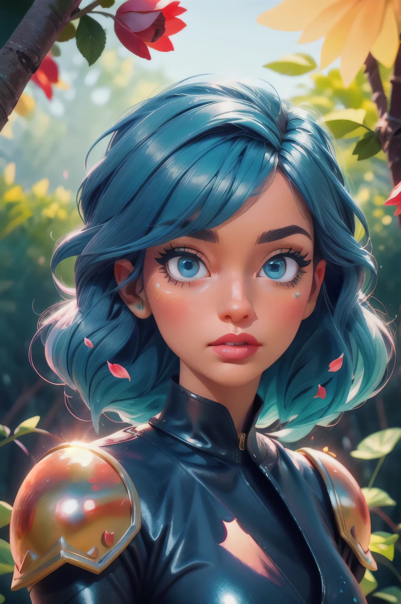 (masterpiece:1.4), (best quality:1.4), A beautiful girl with blue hair, with big blue eyes, in detailed metallic armor, knight armor, lips, makeup, side angle, natural pose, Dramatic lighting, sunlight, in the forest, depth of field, 3d animated cartoon, vibrant, colorful, Watercolor, Ink, (best quality,4k,8k,highres,masterpiece:1.2),ultra-detailed,extremely detailed eyes and face, long eyelashes, vivid colors, detailed background, detailed face, (sunshine theme:1.1), (style-swirlmagic:0.8), floating red particles, floating red petals