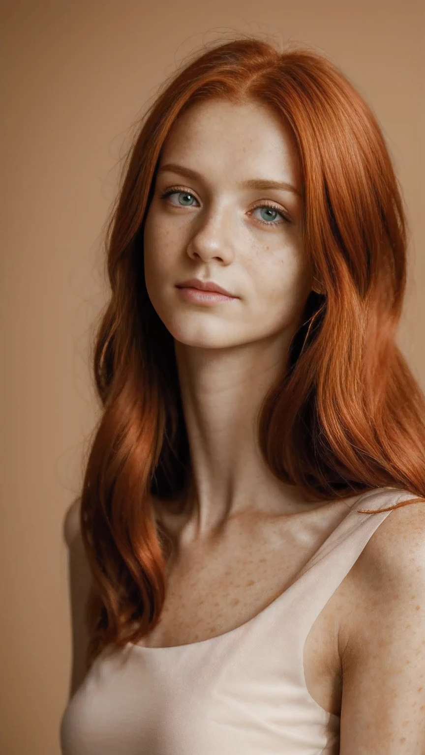 (waist-length studio photo portrait)),(a young girl with red hair and веснушчатый hair looks into the camera), Red hair with freckles, red hair and freckles, elegant freckles, рыжая teen girl, веснушчатый pale skin, flowing Red hair, Red hair and attractive facial features, she is redhead, Red hair, beautiful веснушчатый, wild Red hair, red-haired girl, red head, freckles, light cute freckles, Bony, skinny, small, Slim, anorexia, flat chest,Realistic lighting, imperfect skin,Bright, rich photography with realistic colors and lighting, skinny arms,Thin legs,(green eyes),8k rendering,((Focus on the face)),Realistic facial skin, high contrast photo ,((studio photo waist-length portrait)) ,8k rendering,