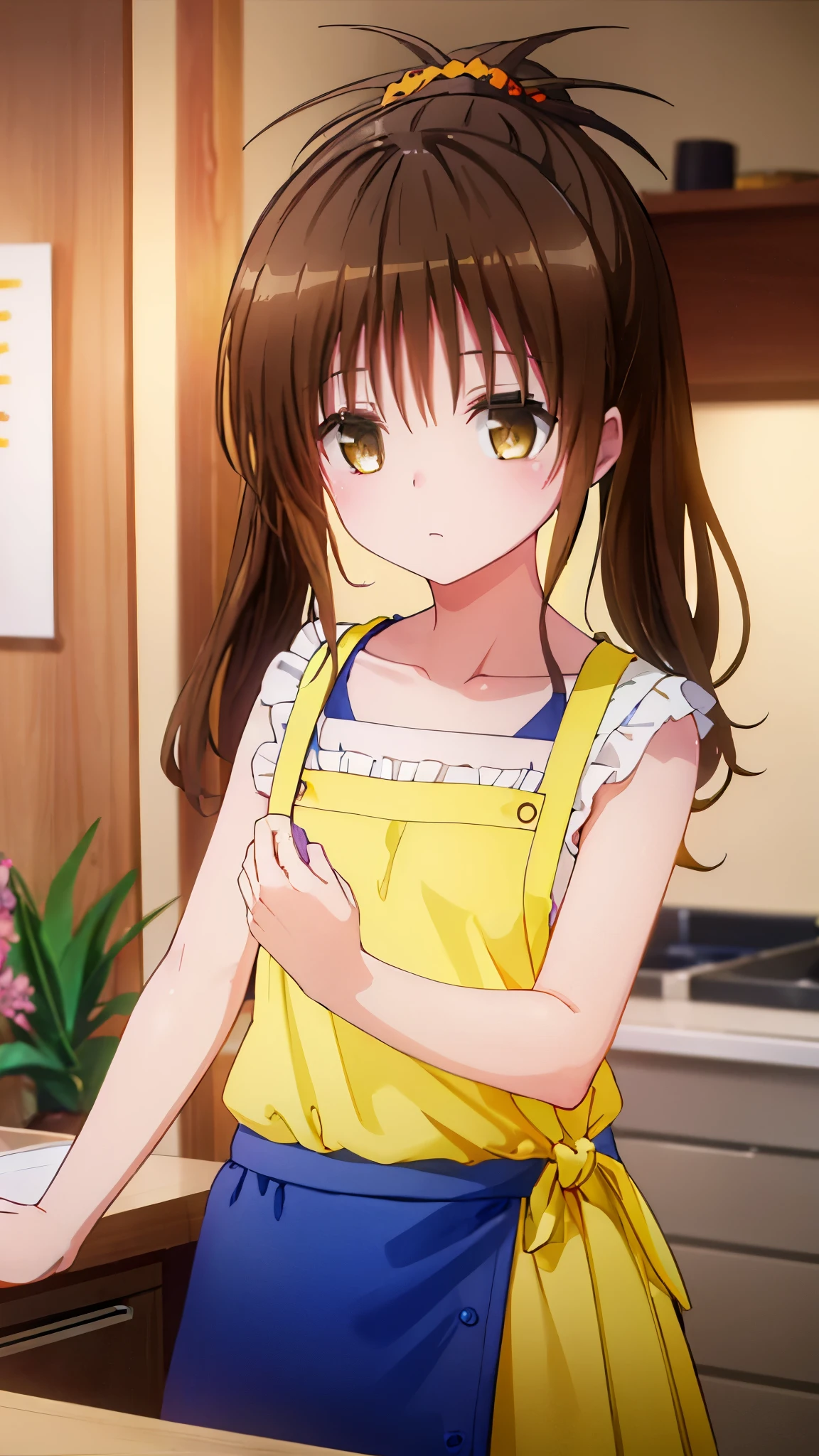 Mikanuki, Yuki tangerines, (Brown eyes:1.7), Brown Hair, hair ornaments, ヘアScrunchie, Long Hair, ピンクのScrunchie, Scrunchie, (Flat Chest:1.2),
Break Apron, blouse, clavicle, レイヤードskirt, ピンクのshirt, shirt, Short sleeve, skirt, Yellow apron,
break looking at viewer,
Indoor rest,
break (Tabletop:1.2), highest quality, High resolution, unity 8k wallpaper, (figure:0.8), (Beautiful fine details:1.6), Highly detailed face, Perfect lighting, Highly detailed CG, (Perfect hands, Perfect ),