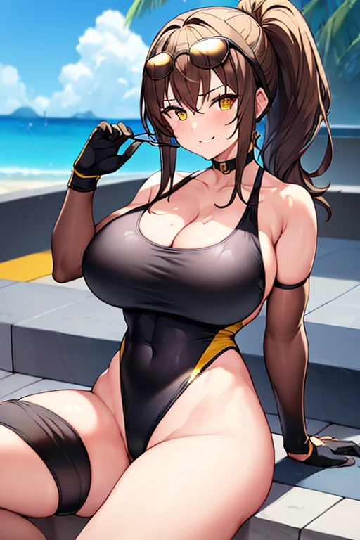 1girl, one-piece swimsuit, black one-piece swimsuit, brown hair, ponytail, highleg, cleavage, eyewear on head, yellow eyes, yellow trim, bare legs, thick thighs, huge breasts, smile, pool, competition swimsuit, sleeves, long sleeves, gloves, elbow gloves, chocker, ((bare legs))