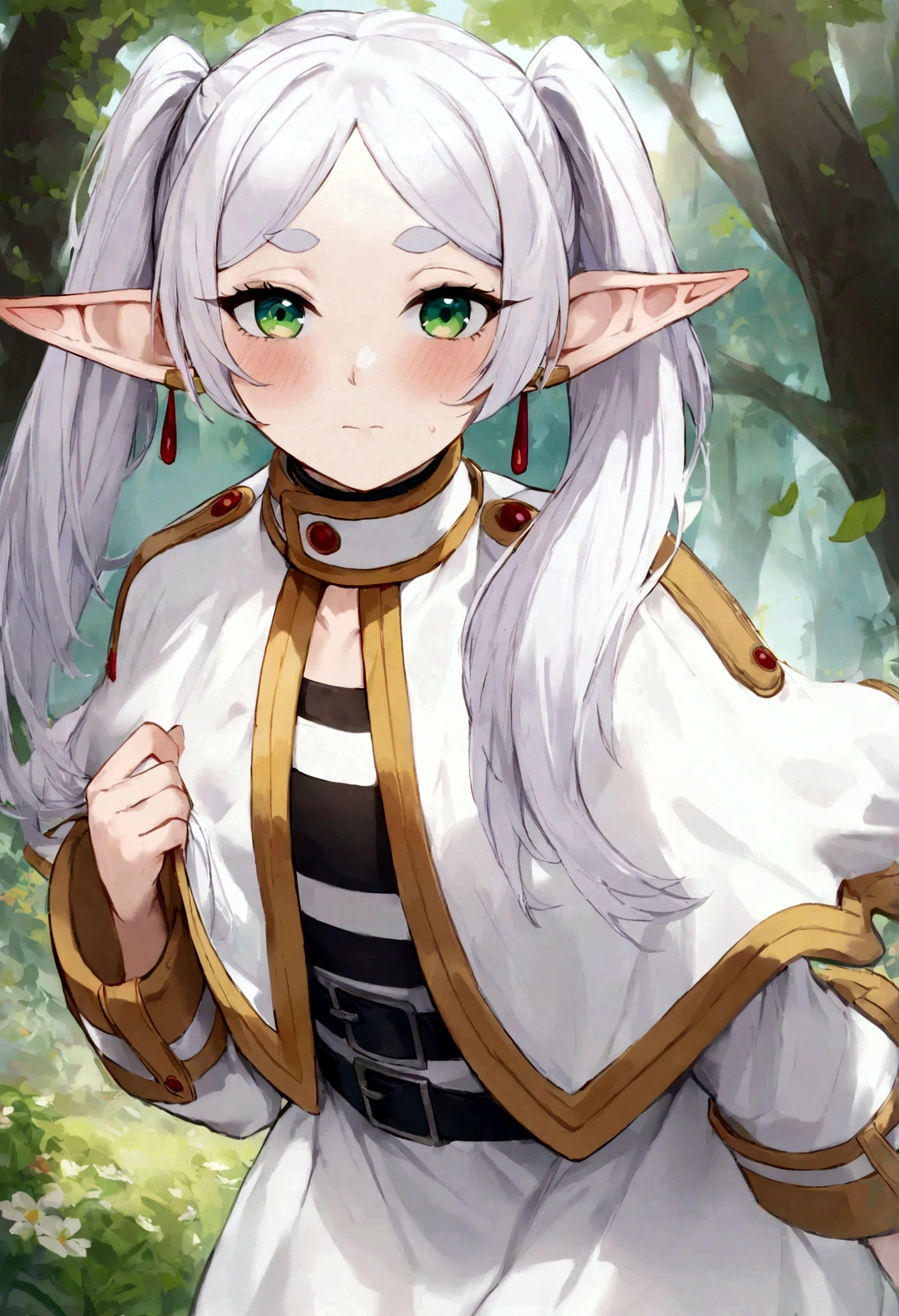 1girl, frieren, sousou no frieren, elf, standing, blush, closed mouth, hair between eyes, long sleeves, earrings, absurdres, highres, Fantasy, elven forest, best quality, masterpiece, very aesthetic, perfect composition, intricate details, ultra-detailed