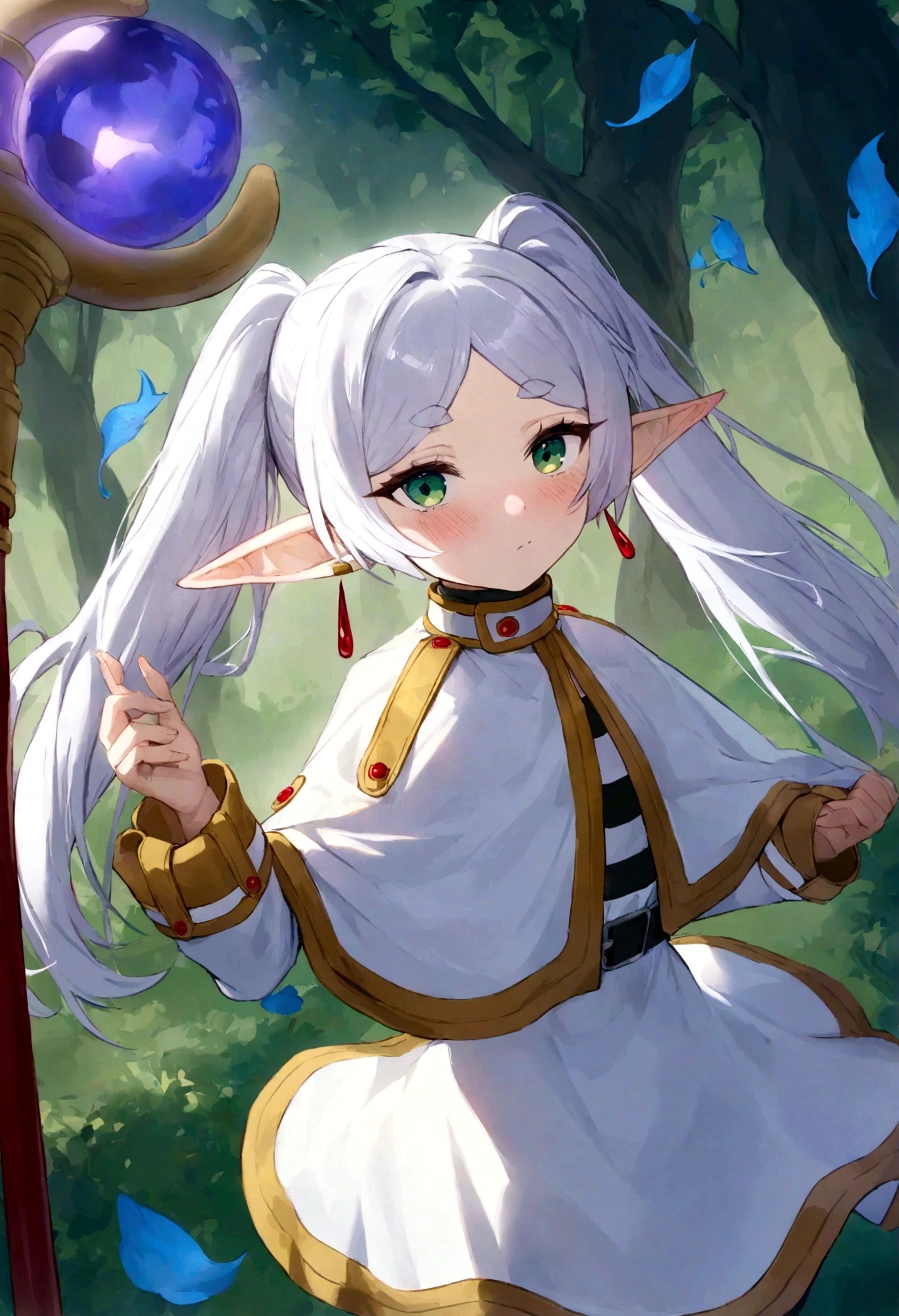 1girl, frieren, sousou no frieren, elf, standing, blush, closed mouth, hair between eyes, long sleeves, earrings, absurdres, highres, Fantasy, elven forest, best quality, masterpiece, very aesthetic, perfect composition, intricate details, ultra-detailed