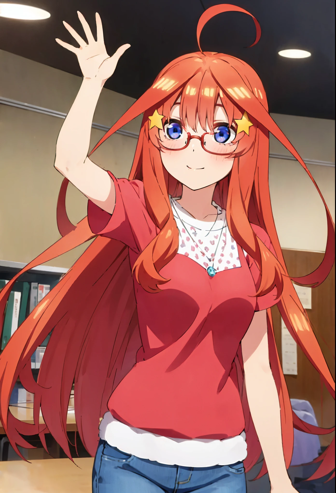 itsuki Nakano, itsuki wearing glasses, itsuki with eyeglasses, Official art、Beautifully Aesthetic:1.2)、patterns、Hair spreads throughout、4k, excellent quality, Ultra Detail, study room, eyeglasses, waving, --niji 5. Nakano itsuki from the quintessential quintuplets, itsuki Nakano, long fluffy red hair, blue eyes, nakano_itsuki, star hairclips, splendid, iridescent, dynamic pose, excellent character design, , perfect face, neat, clean, perfect definition aaitsuki, long fluffy hair,bangs,hair between eyes, (Casual Outfit), ()shorts, jeans, casual cute top, smile