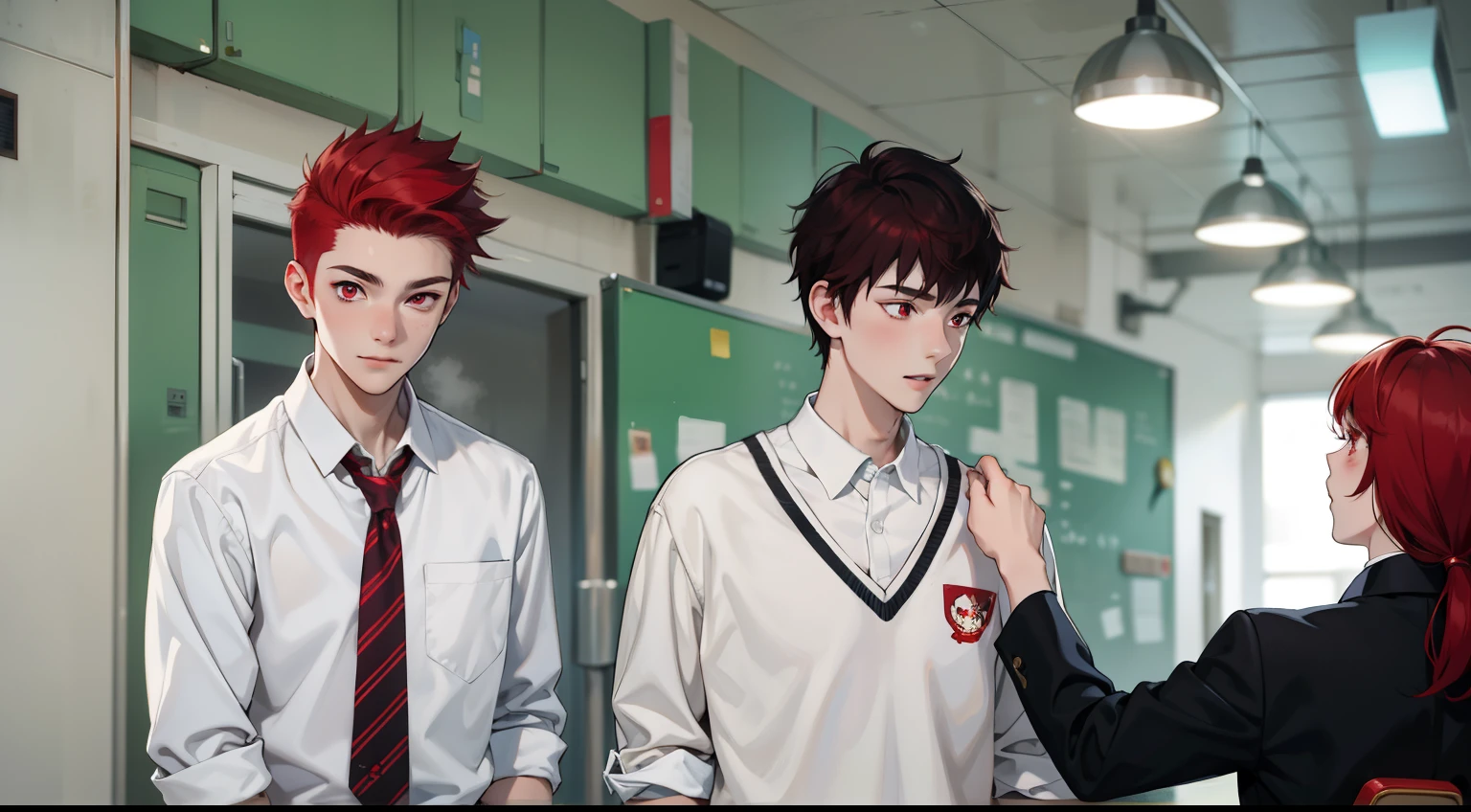 red hair red eyes cute 17 year old boy is at school
