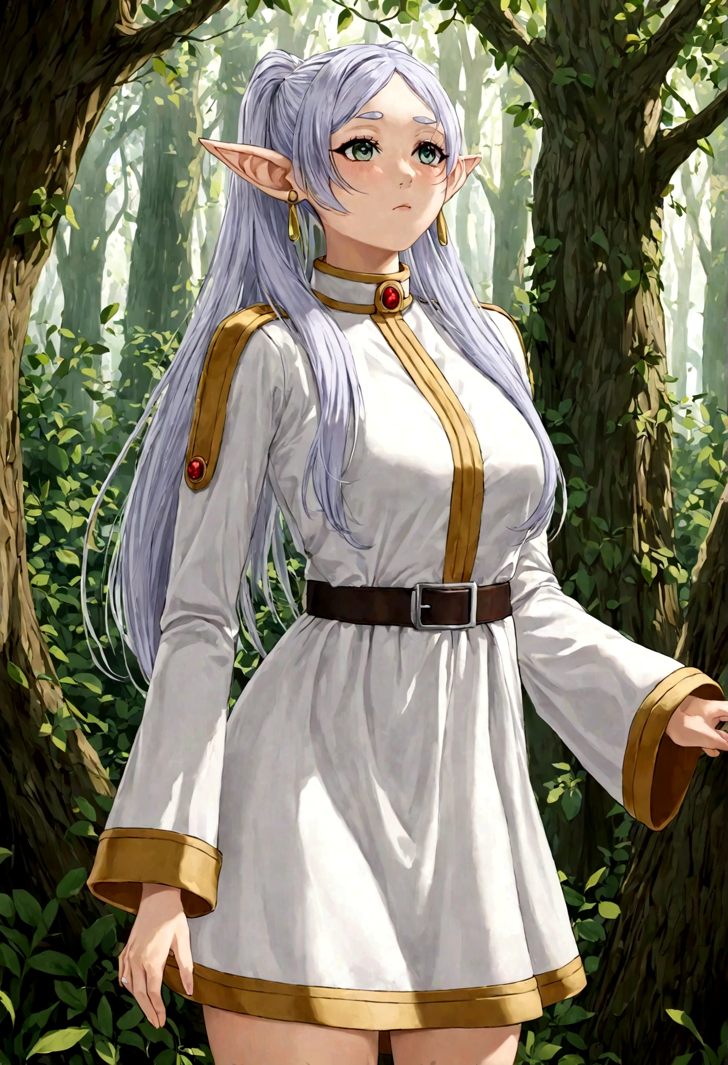 1girl, frieren, sousou no frieren, elf, standing, blush, closed mouth, hair between eyes, long sleeves, earrings, absurdres, highres, Fantasy, elven forest, best quality, masterpiece, very aesthetic, perfect composition, intricate details, ultra-detailed