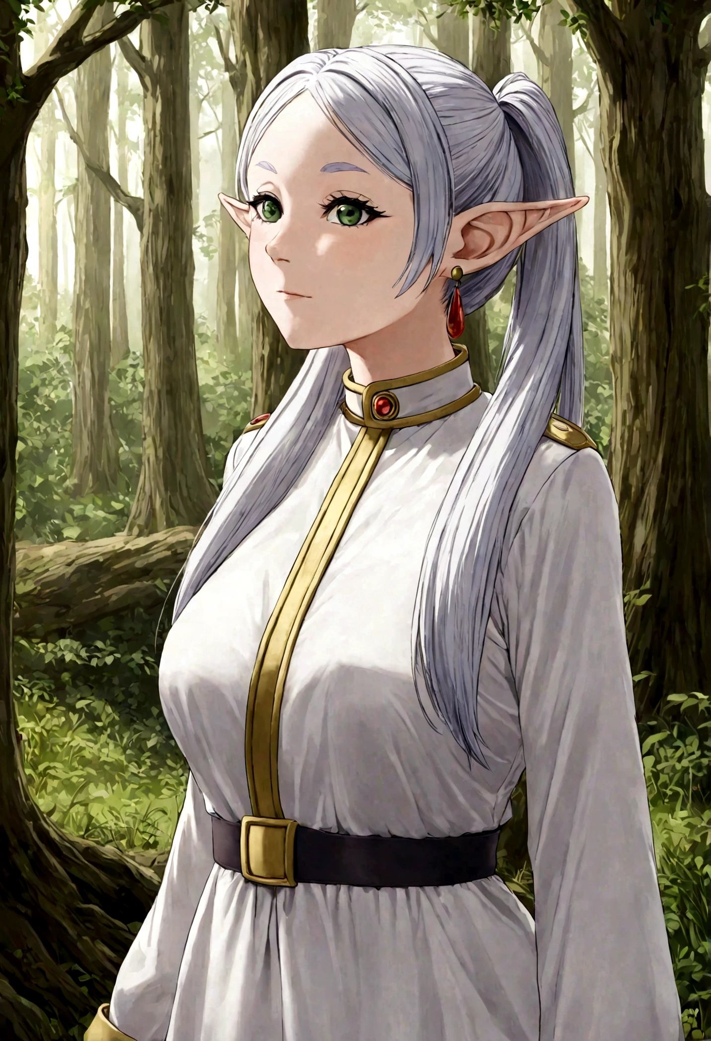 1girl, frieren, sousou no frieren, elf, standing, blush, closed mouth, hair between eyes, long sleeves, earrings, absurdres, highres, Fantasy, elven forest, best quality, masterpiece, very aesthetic, perfect composition, intricate details, ultra-detailed