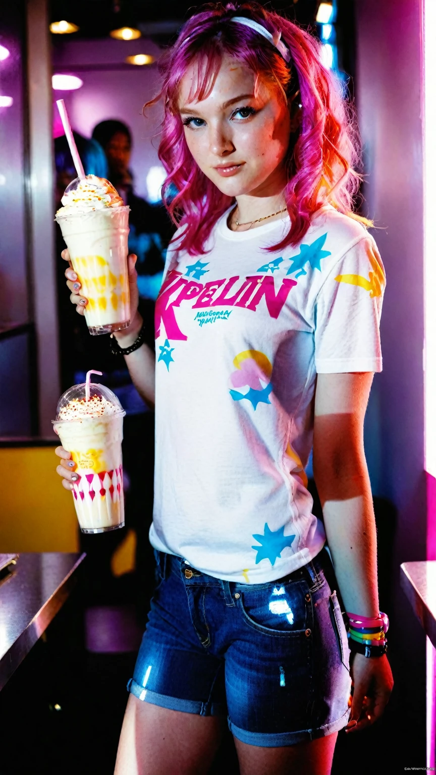 Anipoma1,(masterpiece, best illustration, best manga), One, 1 Girl, Purple eyes, (shiny skin, Soft hair), (holding a milkshake), freckles, (hot pink two tone hair:1.3), (wearing Zepplin LED T-shirt, jeans), (Extreme light and shadow, volumetric lighting, rim lighting), (daylight:.5), (rainbow lights, light leak), (seductive, grin), (One), Mangadusk1, Manwa1