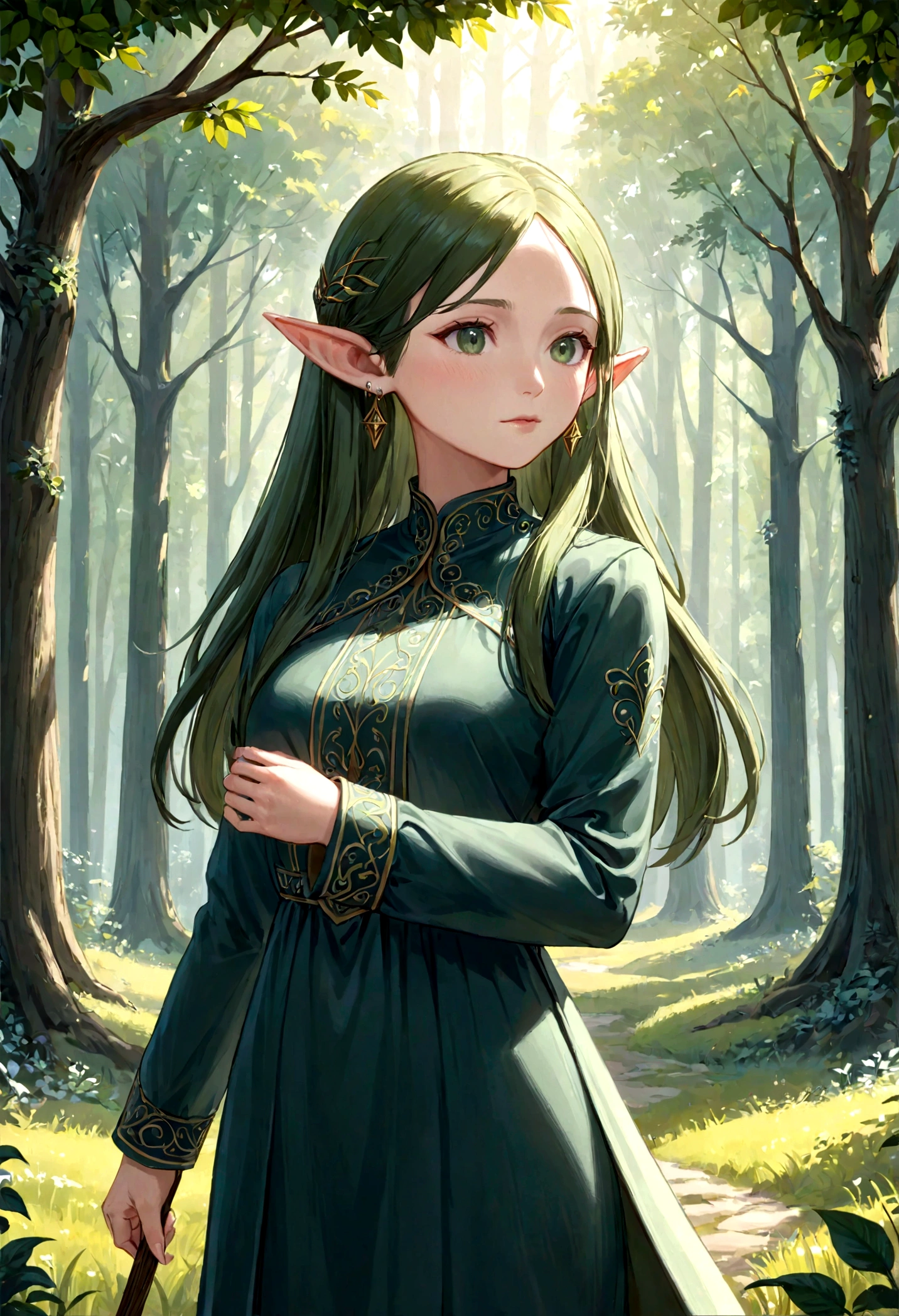 1girl, frieren, sousou no frieren, elf, standing, blush, closed mouth, hair between eyes, long sleeves, earrings, absurdres, highres, Fantasy, elven forest, best quality, masterpiece, very aesthetic, perfect composition, intricate details, ultra-detailed