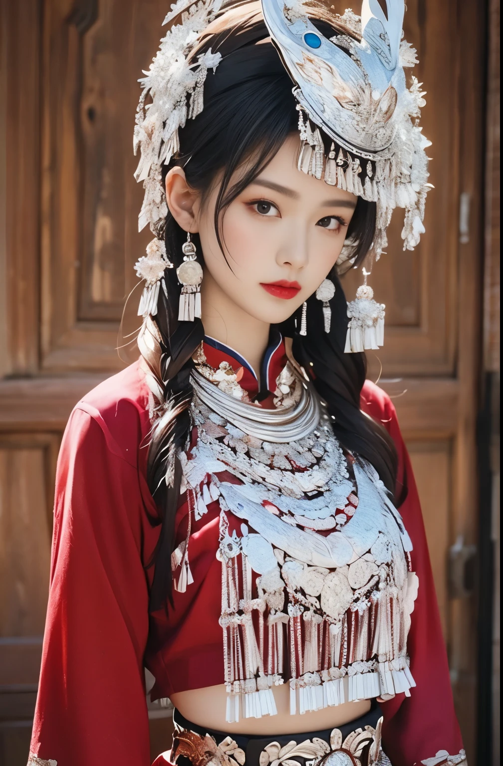 (8k,best quality,masterpiece:1.2),Ultra-high detail,Professional lighting,best quality,Ultra-high resolution,visually stunning,(1 girl:1.1),(Miao costumes and headdresses),Real human skin,(Perfect body 1.9)Super delicate face。