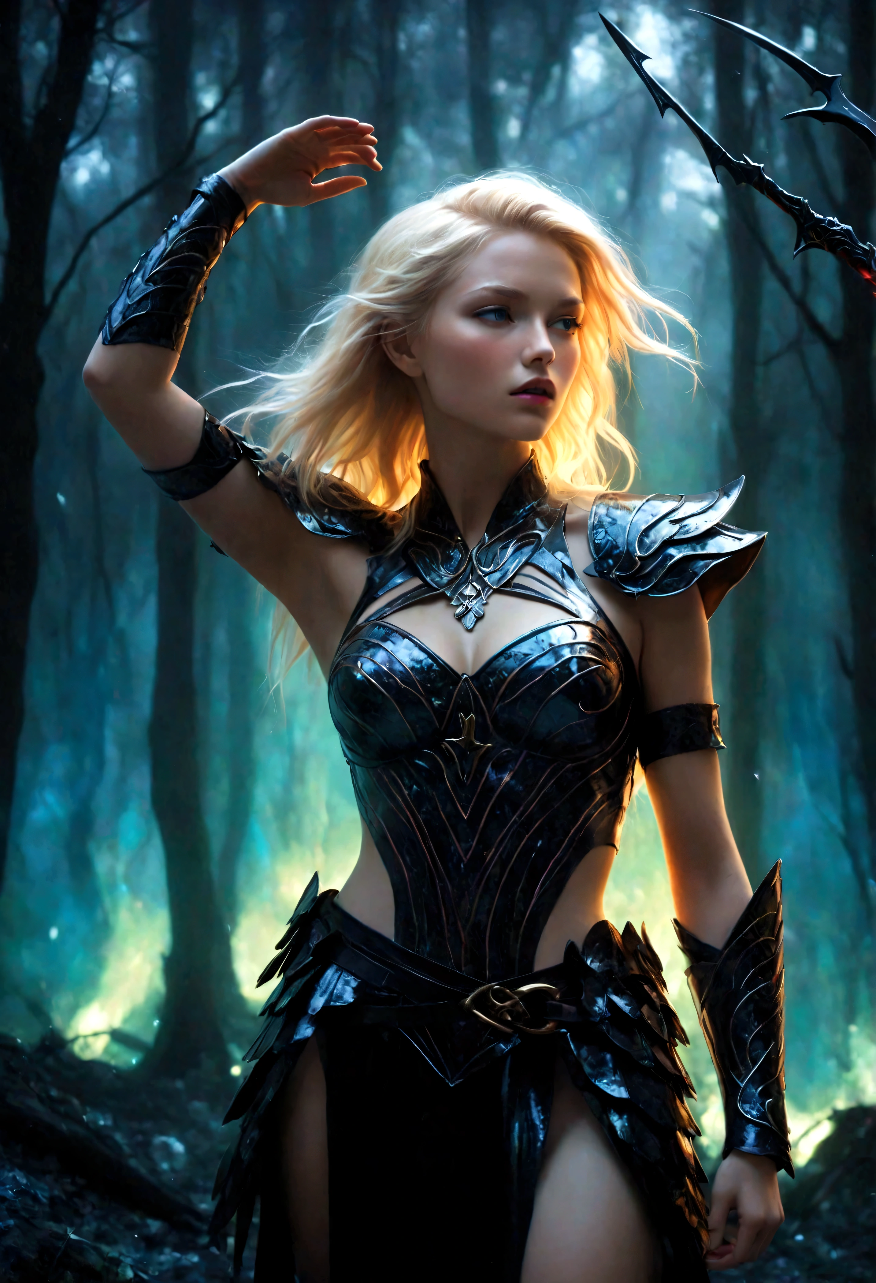 ((Masterpiece in maximum 16K resolution):1.6),((soft_color_photograpy:)1.5), ((Ultra-Detailed):1.4),((Movie-like still images and dynamic angles):1.3) | ((double contact):1.3), ((Fierce Blonde Female warrior silhoutte effect):1.2), ((Superimposed on Pretty Female):1.1)《dark forest sky》Agnes Cecile, Jeremy Mann, Oil and ink on canvas, fine dark art, super dramatic light, photoillustration, amazing depth, the ultra-detailed, iridescent black, superfluous dreams, intricately details, amazing depth, Amazing atmosphere, Mesmerizing whimsical vibrant landscapes, ((Female warrior aesthetic attire):1.2), Maximalism ((beautiful outside, Ugly inside, pressure and pain, beauty and despair, hard and soft, positive and negative, hot and cold, Sweet and sour, Vibrant but boring, Perfect harmony, light and shadows, old and young, Black and white, Corresponding color, loud and quiet, Chaos and peace, life and death):1.2) The complex masterpiece of a real-time engineering leader. | Rendered in ultra-high definition with UHD and retina quality, this masterpiece ensures anatomical correctness and textured skin with super detail. With a focus on high quality and accuracy, this award-winning portrayal captures every nuance in stunning 16k resolution, immersing viewers in its lifelike depiction. | ((perfect_composition, perfect_design, perfect_layout, perfect_detail, ultra_detailed)), ((enhance_all, fix_everything)), More Detail, Enhance.
