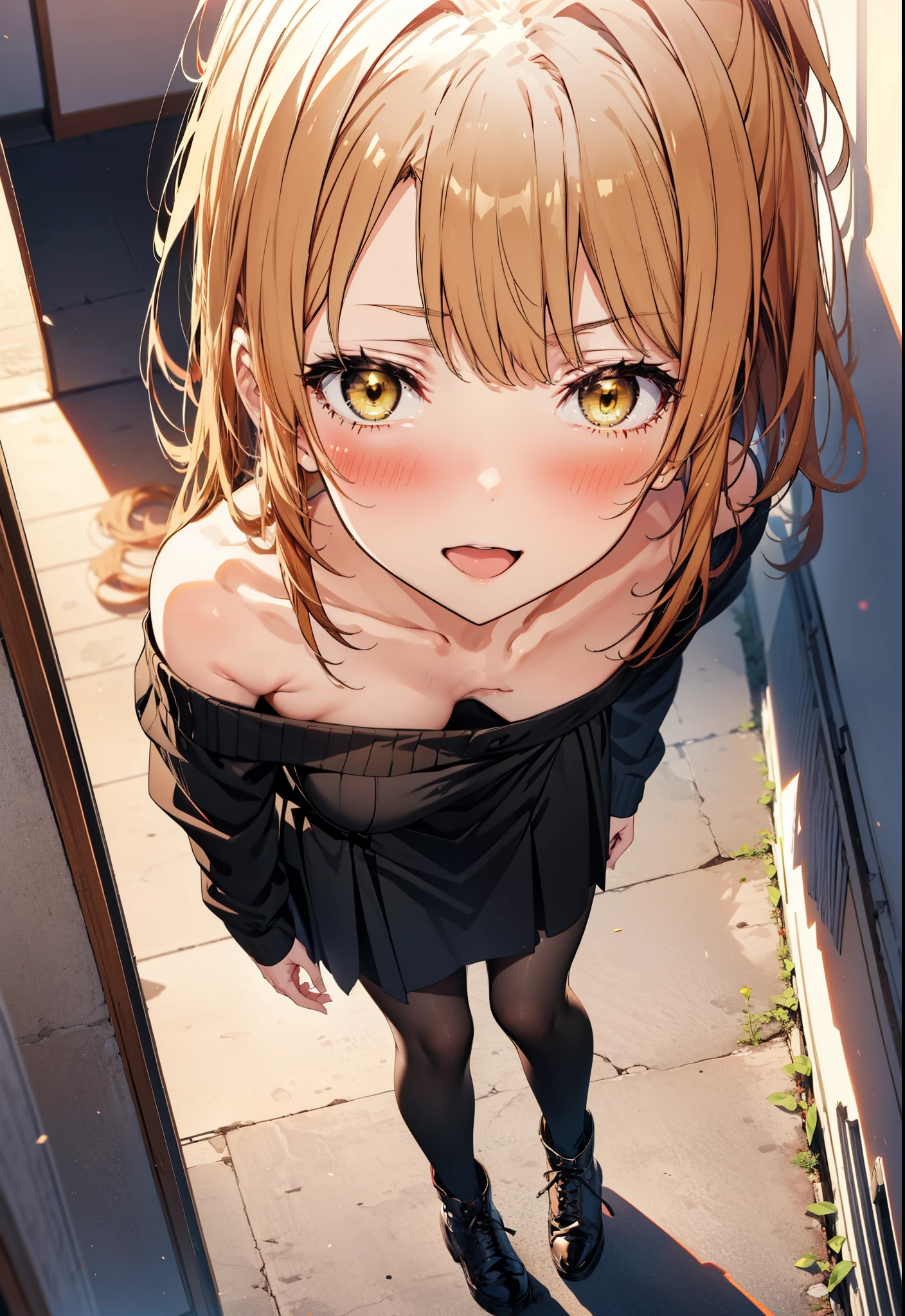 irohaisshiki, iroha isshiki, Long Hair, Brown Hair, (Brown eyes:1.5), happy smile, smile, Open your mouth,Yellow one-shoulder sweater,black long skirt,Black pantyhose,short boots,morning,morning陽,The sun is rising,whole bodyがイラストに入るように,Walking,scenery Building district,
break outdoors, balcony,
break looking at viewer,whole body,
break (masterpiece:1.2), highest quality, High resolution, unity 8k wallpaper, (figure:0.8), (Beautiful fine details:1.6), Highly detailed face, Perfect lighting, Highly detailed CG, (Perfect hands, Perfect Anatomy),