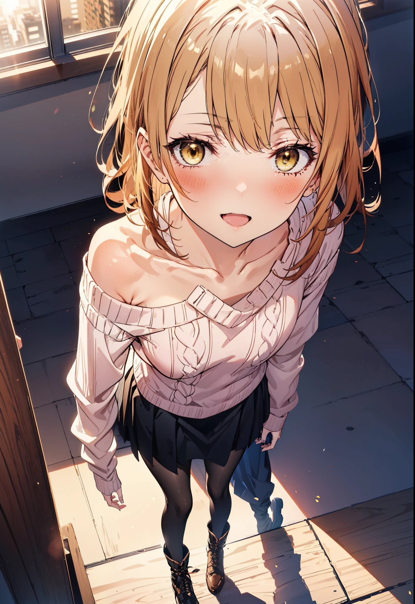 irohaisshiki, iroha isshiki, Long Hair, Brown Hair, (Brown eyes:1.5), happy smile, smile, Open your mouth,Yellow one-shoulder sweater,black long skirt,Black pantyhose,short boots,morning,morning陽,The sun is rising,whole bodyがイラストに入るように,Walking,scenery Building district,
break outdoors, balcony,
break looking at viewer,whole body,
break (masterpiece:1.2), highest quality, High resolution, unity 8k wallpaper, (figure:0.8), (Beautiful fine details:1.6), Highly detailed face, Perfect lighting, Highly detailed CG, (Perfect hands, Perfect Anatomy),
