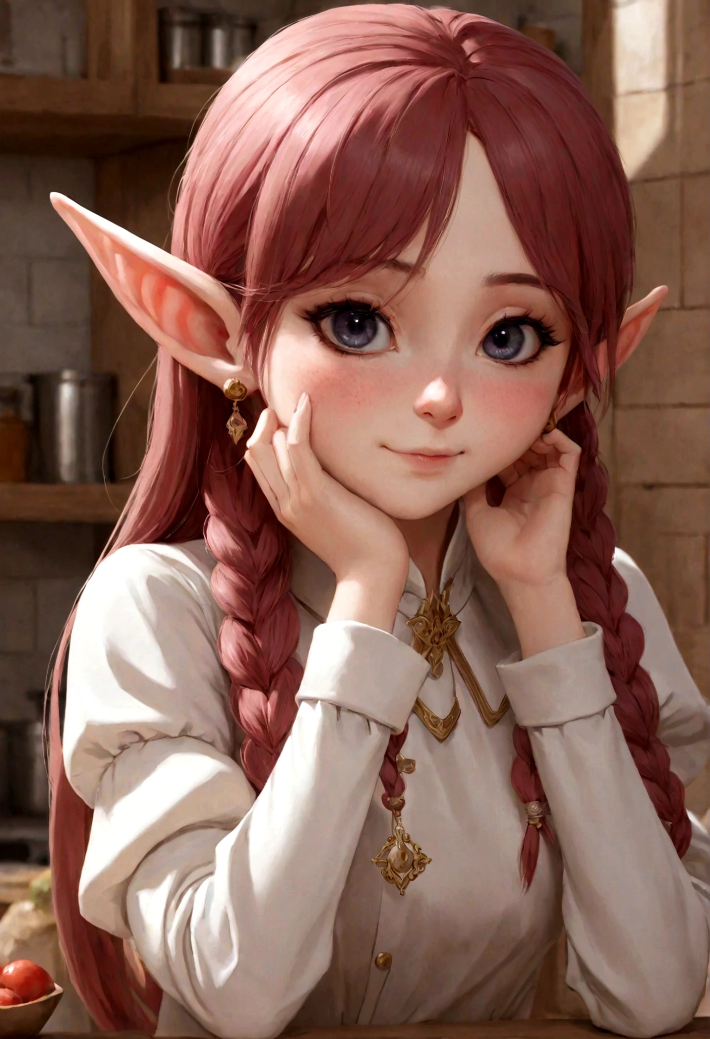 1girl, cute pose, frieren, sousou no frieren, elf, kitchen, blush, closed mouth, hair between eyes, long sleeves, earrings, best quality, masterpiece, very aesthetic, perfect composition, intricate details, ultra-detailed