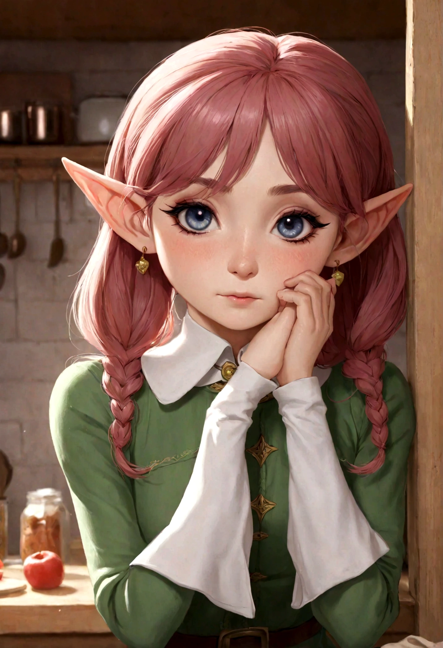 1girl, cute pose, frieren, sousou no frieren, elf, kitchen, blush, closed mouth, hair between eyes, long sleeves, earrings, best quality, masterpiece, very aesthetic, perfect composition, intricate details, ultra-detailed