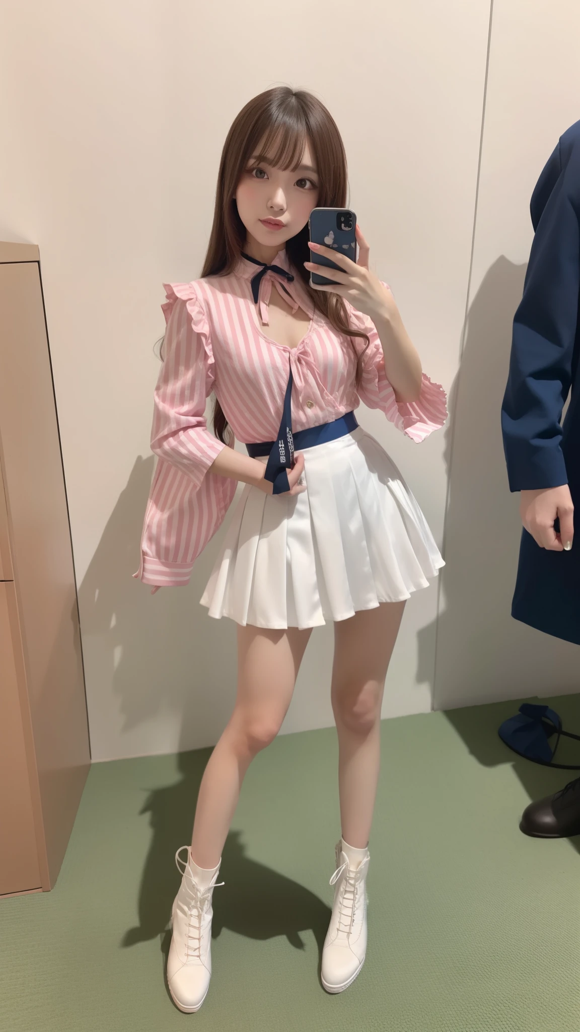 Costume like a idol, blue and white half sleeve Jacket, pink satin ruffled blouse, White and pink stripe pleated skirt, white lace up boots