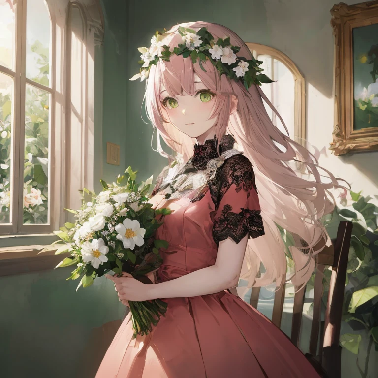 Anime girl in pink dress with bouquet of flowers,  in dress, guweiz on pixiv artstation, guweiz, guweiz on artstation pixiv, lolish, Cute anime waifu in a nice dress, portrait of Lolita, [ 4 k digital art ]!!, artwork in the style of guweiz, Beautiful Anime Portrait