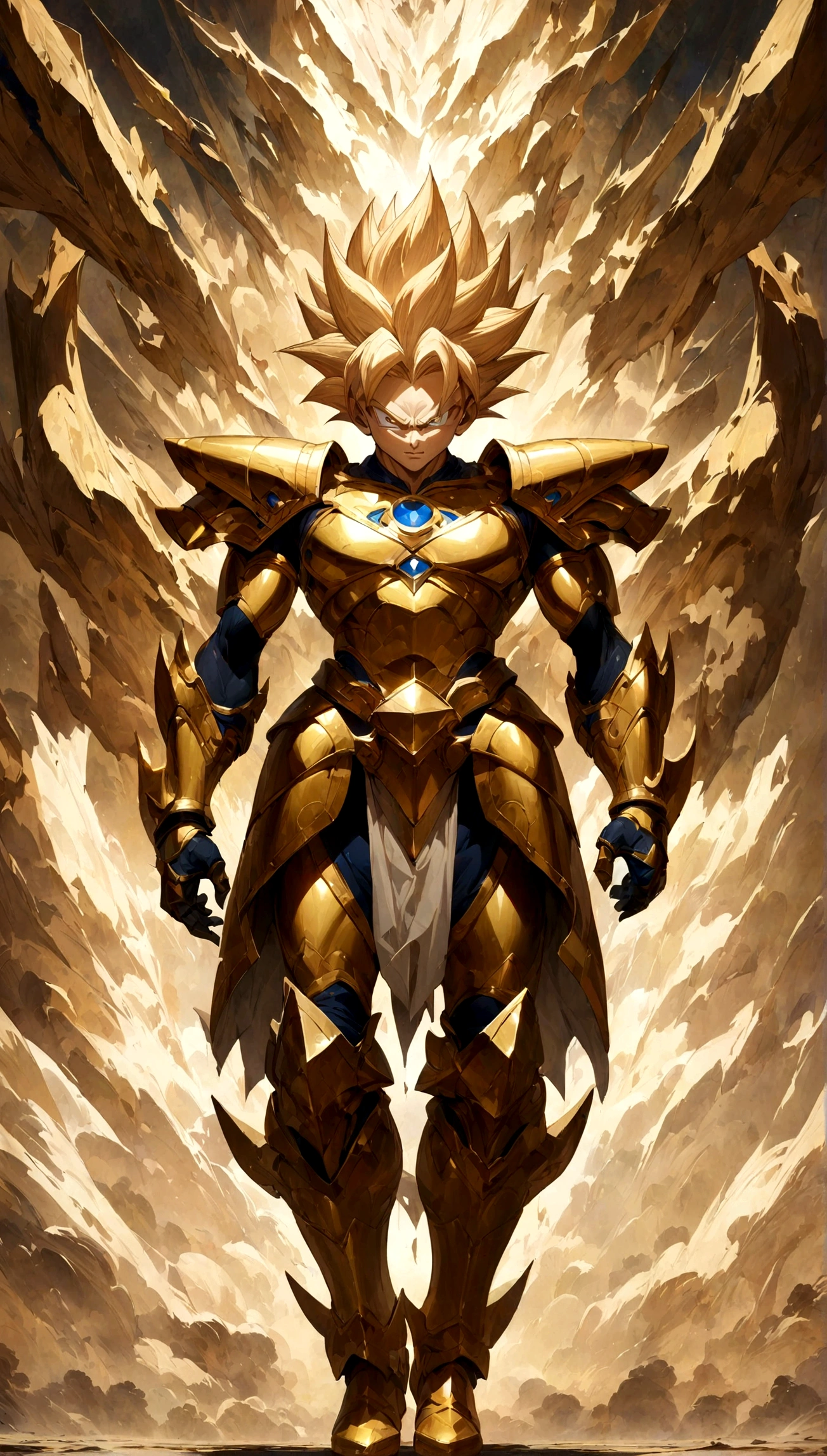 (Best quality, masterpieces,anime style,style of akira toriyama:1.1)，A Super Saiyan wearing a Pegasus Gold Armor，full_body wallpaper