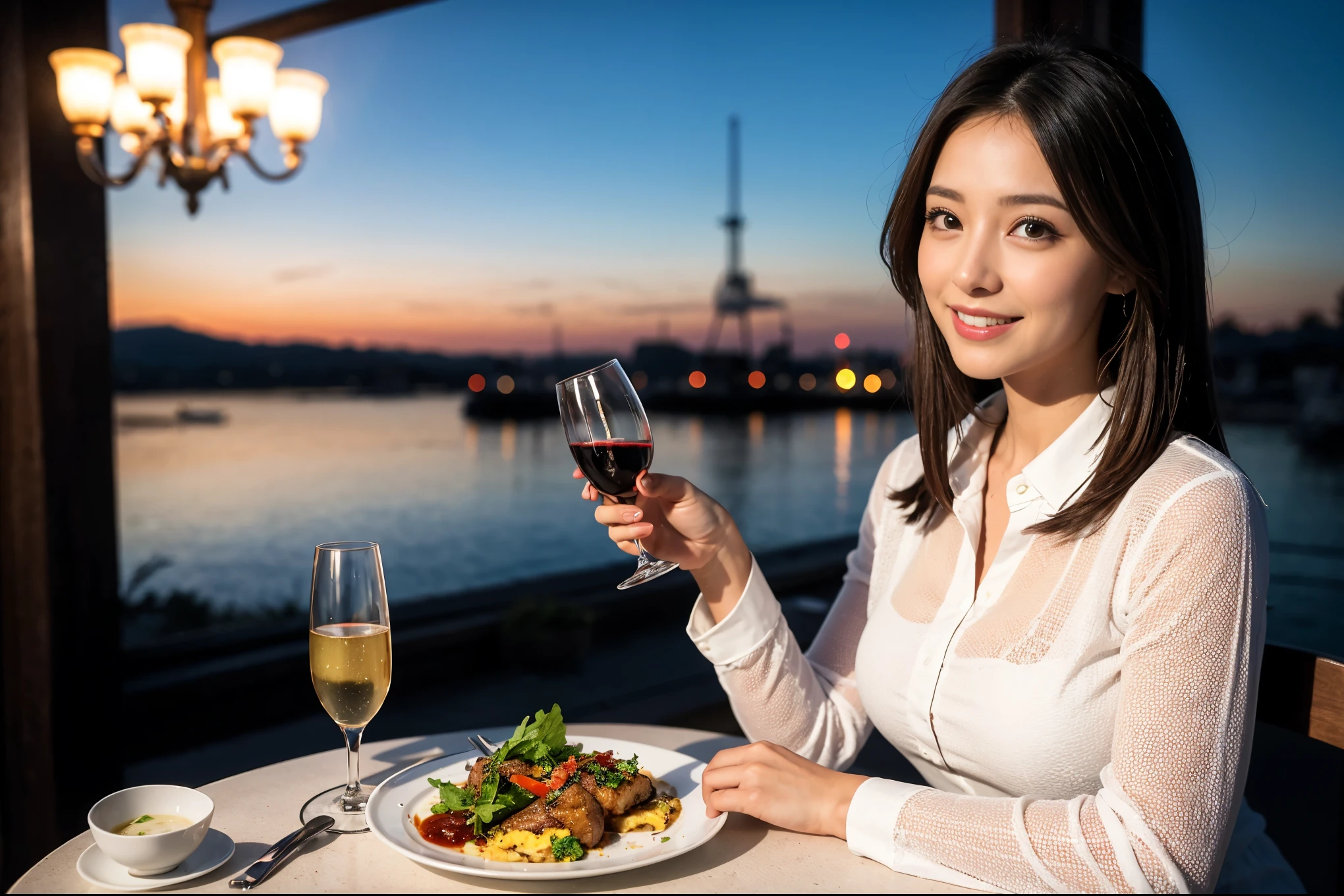 ((highest quality、8k、masterpiece:1.3))、1 male 1 female、A lover who resembles Satomi Ishihara、Beautiful couple、smile、full-course dinner、 (Slim face), (the body is スリム), (Brown Hair), (Shortcuts), ((Bob Hale、Straight hair:1.2)), テーブルの上のwine glass、Please shine a light on my face、 Amazing view of the sunset sky and clouds、 (Age 37), Age 34, red wine 、Appetizers、Italian food、Wine bottle、Champagne、sparkling wine、Long sleeve shirt、dress、Attractive beauty、restaurant, Nova Frog Style, actress, model, Upper Body, White wine, red wine, wine glass,