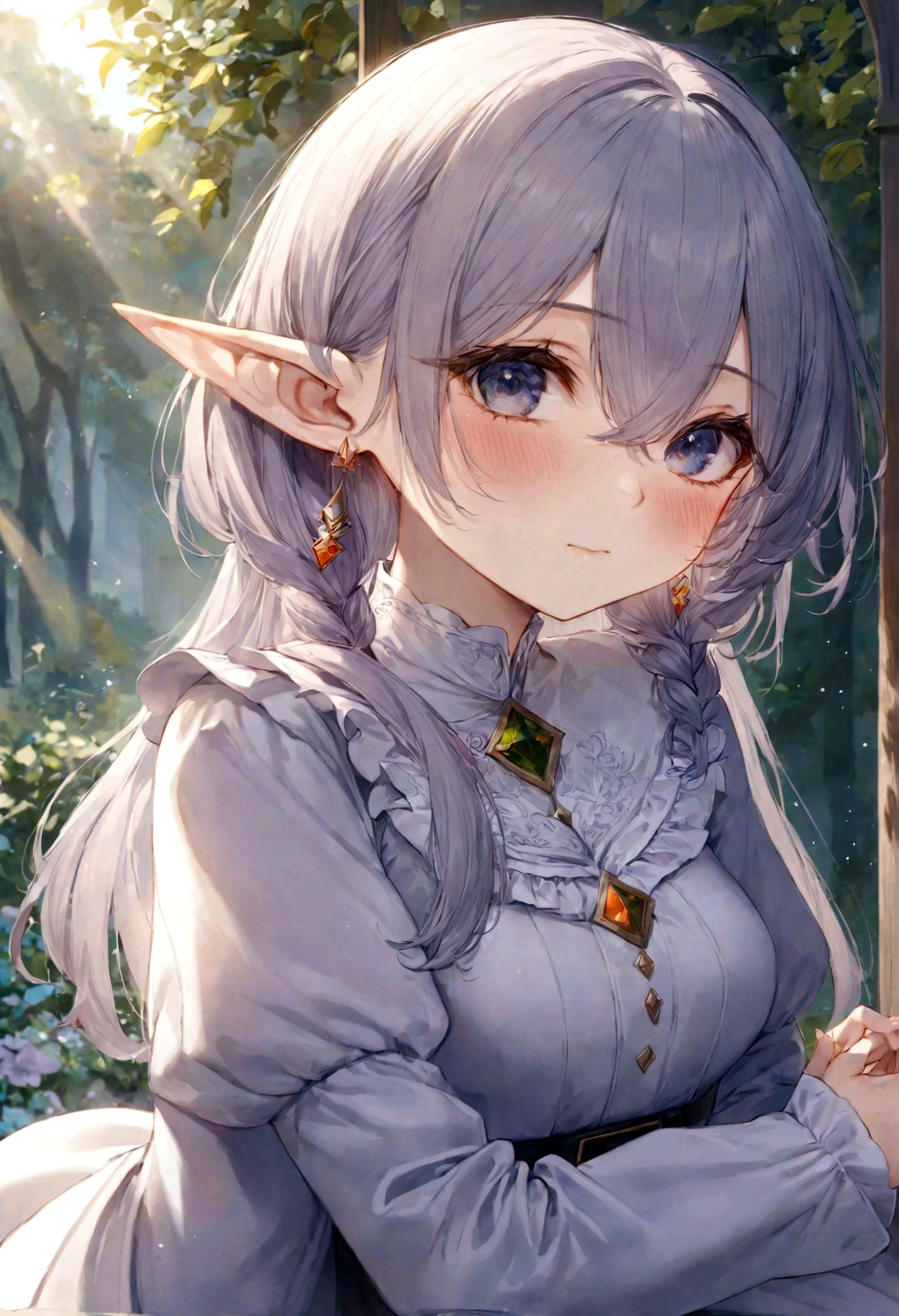 1girl, cute pose, frieren, sousou no frieren, elf, outdoors, sunlight, blush, closed mouth, hair between eyes, long sleeves, earrings, best quality, masterpiece, very aesthetic, perfect composition, intricate details, ultra-detailed