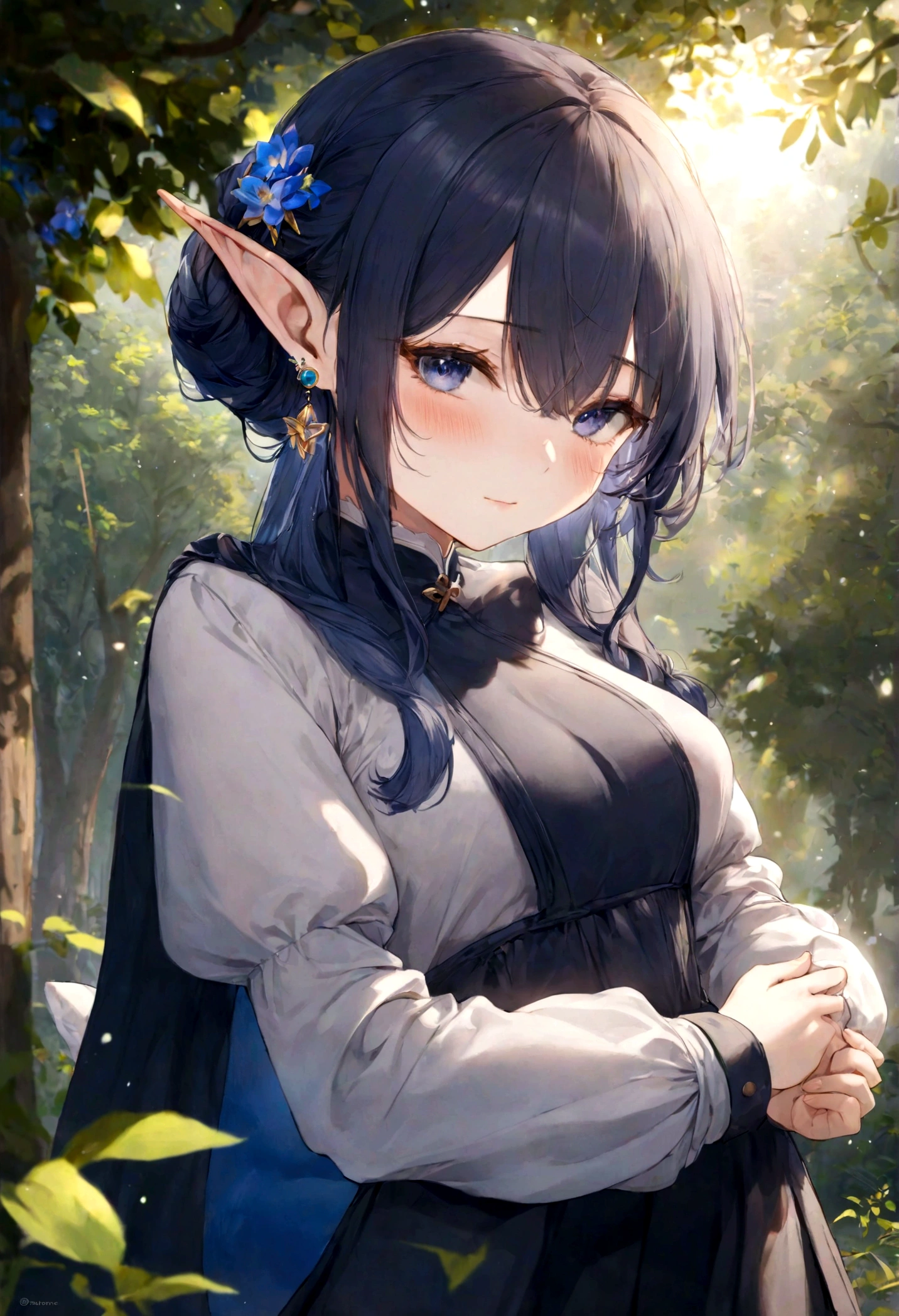 1girl, cute pose, frieren, sousou no frieren, elf, outdoors, sunlight, blush, closed mouth, hair between eyes, long sleeves, earrings, best quality, masterpiece, very aesthetic, perfect composition, intricate details, ultra-detailed