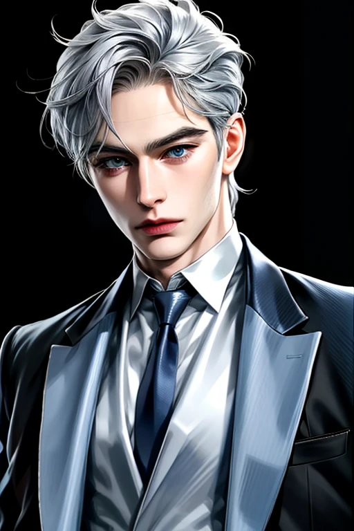 Fat, silver hair, blue eyes, serious sharp features, white skin, handsome, shirt, formal jacket