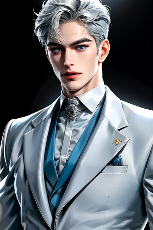 Fat, silver hair, blue eyes, serious sharp features, white skin, handsome, shirt, formal jacket