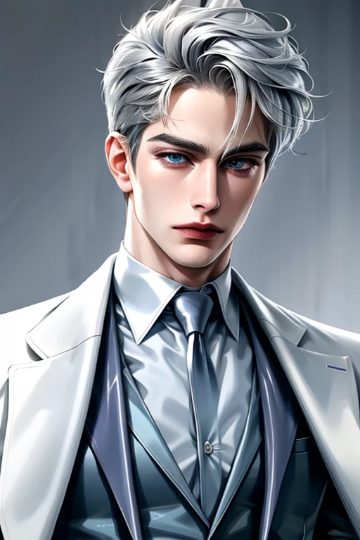 Fat, silver hair, blue eyes, serious sharp features, white skin, handsome, shirt, formal jacket