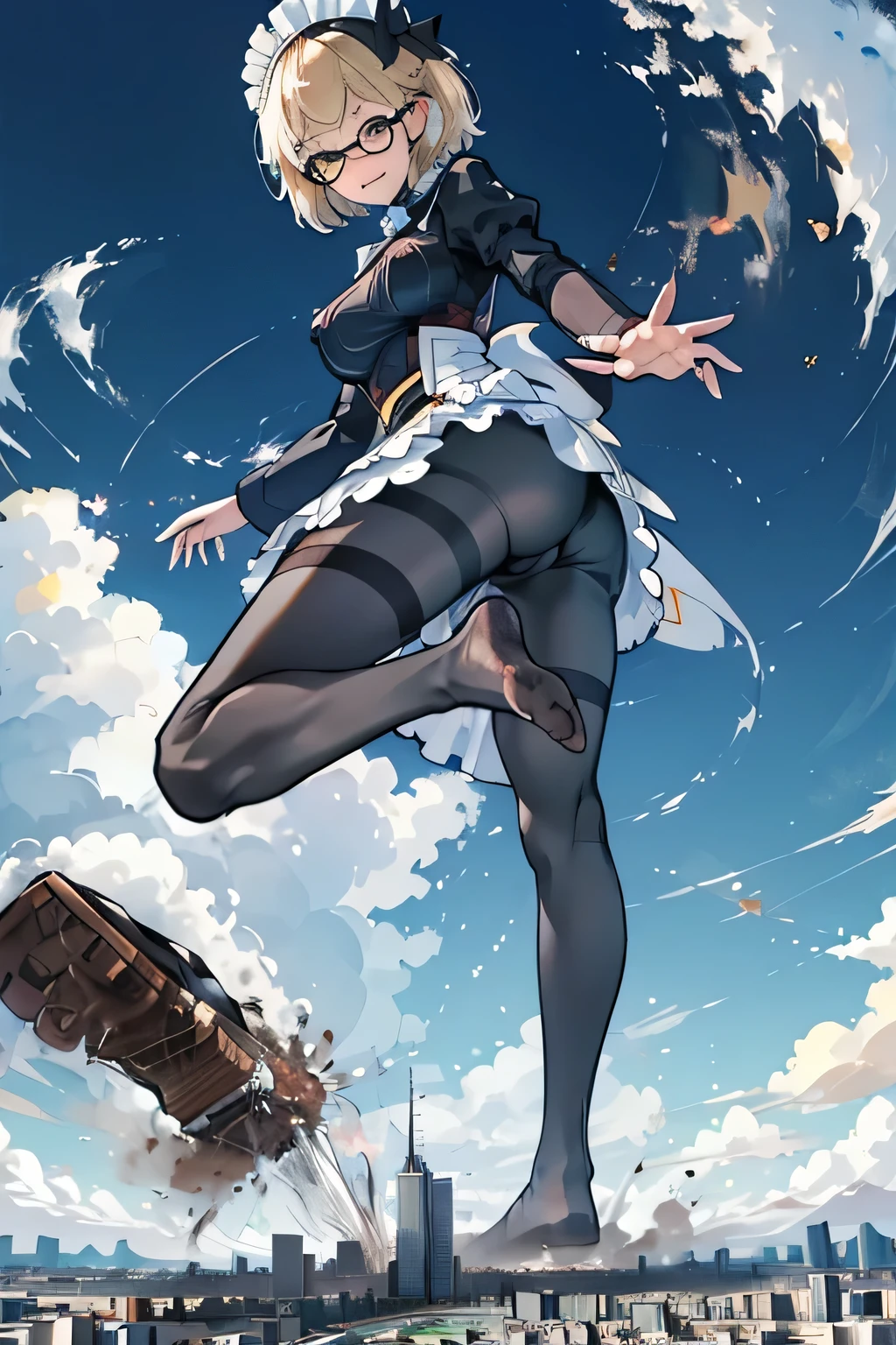 giantess art, highly detailed giantess shots, giantess, Two legs, Five fingers, short hair, A beautiful girl who is bigger than a skyscraper, Wearing rimless glasses, smile, Big Breasts, In underwear, Black Pantyhose, black pantyhose, no shoes on, toes visible through pantyhose, Steam coming out from the soles of my feet, Destroying cities, A very small big city, Miniature metropolis, Full body description, GTS, giga giantess, stomping city, crash city, tiny city, micro city, pantyhose feet, High resolution, highest quality, masterpiece, Maid, maid, transparent bodystocking,