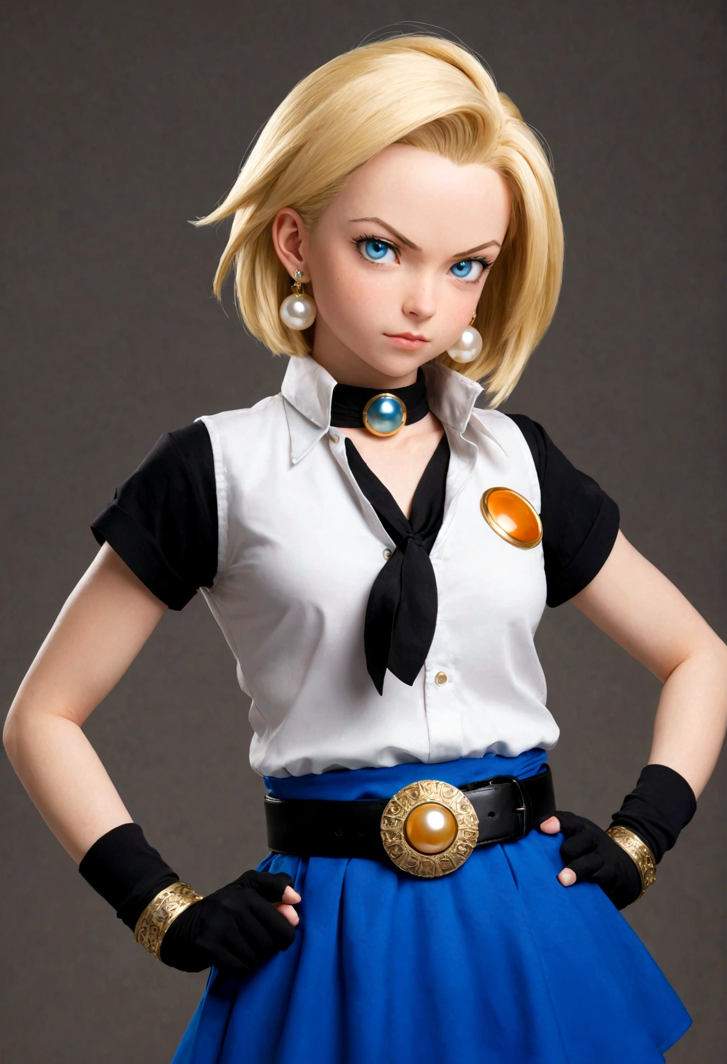 1girl, android18 from "Dragon Ball", cute pose, sysdeep_android18, cyborgc18dbz, DB_Android_18, a woman, jewelry, blond hair, Short hair, earrings, blue eyes, belt, necklace, blue skirt, black fingerless gloves, white shirt, vest, hoop earrings, short sleeves, bracelet, pearl necklace, black belt, belt buckle, (masterpiece, best quality, Professional, perfect composition, very aesthetic, absurdres, ultra-detailed, intricate details:1.3)