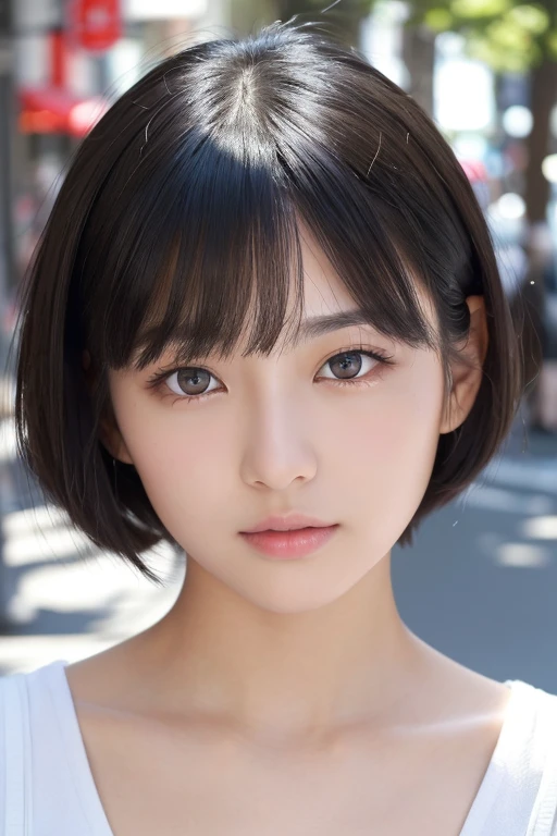 (High resolution:1.3), (16k, Photorealistic, Raw photo, Best image quality: 1.4), Japanese, (One Girl), Beautiful Face, (A vivid face), (Black-haired、short hair:1.3), Beautiful Hairstyles, Realistic eyes, Beautifully detailed eyes, (Realistic Skin), Beautiful skins, attractive, 超A high resolution, Surreal, High detail, Golden Ratio, Highly detailed cute girl,(20-year-old), Tokyo、Omotesando、Daytime、Detailed Background、(Many passers-by:2.0、Detailed face、Well-formed face), No underwear