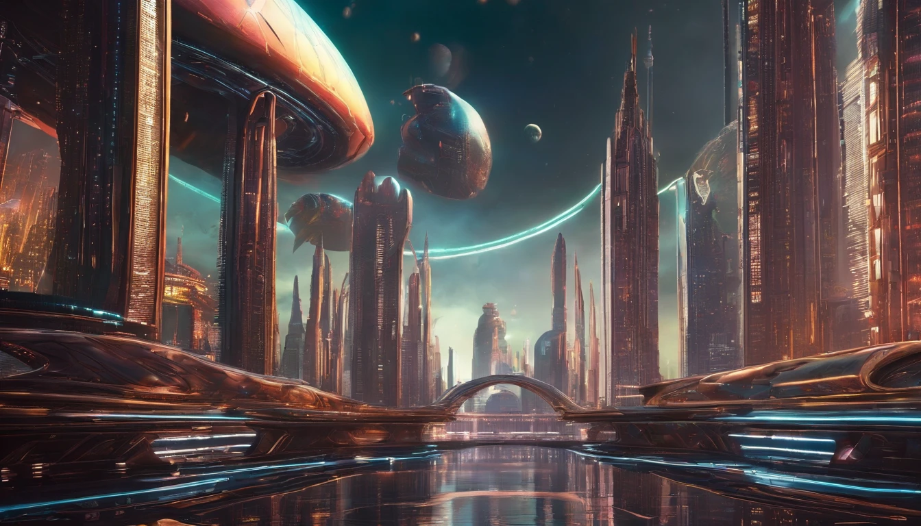 A stunning 3D render of a futuristic cityscape set in the distant reaches of space. The magnificent metropolis has a massive golden figure "🍕" woven into its design, and everything is shaped like a planet. The city is adorned with opulence, including a translucent diamond shield protecting its inhabitants from the unknown beyond. The color palette includes metallic reds, greens, and golds, evoking both Earthly terrains and interstellar oceans. Towering skyscrapers dominate the scene, with a central tower that stands out like a celestial fortress. The style and concept pay homage to the works of Larry Niven, creating a cinematic, conceptual masterpiece that showcases vibrant architecture and captures the essence of a thriving interstellar civilization., dark fantasy, cinematic, portrait photography, architecture, wildlife photography, 3d render.