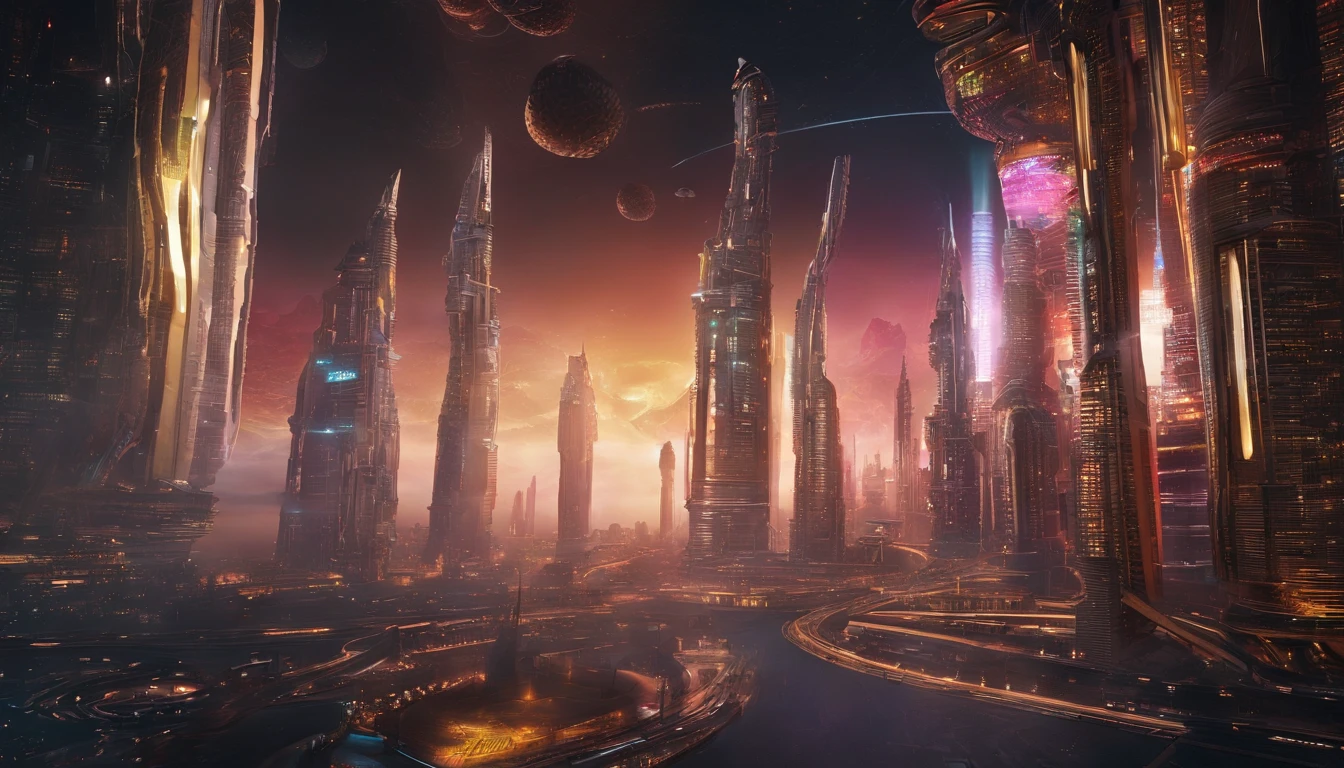 A stunning 3D render of a futuristic cityscape set in the distant reaches of space. The magnificent metropolis has a massive golden figure "🍕" woven into its design, and everything is shaped like a planet. The city is adorned with opulence, including a translucent diamond shield protecting its inhabitants from the unknown beyond. The color palette includes metallic reds, greens, and golds, evoking both Earthly terrains and interstellar oceans. Towering skyscrapers dominate the scene, with a central tower that stands out like a celestial fortress. The style and concept pay homage to the works of Larry Niven, creating a cinematic, conceptual masterpiece that showcases vibrant architecture and captures the essence of a thriving interstellar civilization., dark fantasy, cinematic, portrait photography, architecture, wildlife photography, 3d render.