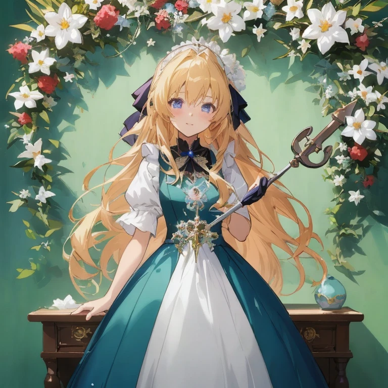 Anime girl with long blonde hair and scissors blue dress, cushart krenz key art feminine, in dress, a maid in a magical forest, blonde - haired princess, Cute anime waifu in a nice dress, splash art anime , Detailed key anime art, portrait of the magical girl, Violet Evergarden, Beautiful maiden, portrait of ta