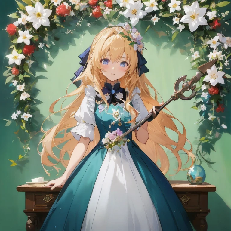 Anime girl with long blonde hair and scissors blue dress, cushart krenz key art feminine, in dress, a maid in a magical forest, blonde - haired princess, Cute anime waifu in a nice dress, splash art anime , Detailed key anime art, portrait of the magical girl, Violet Evergarden, Beautiful maiden, portrait of ta