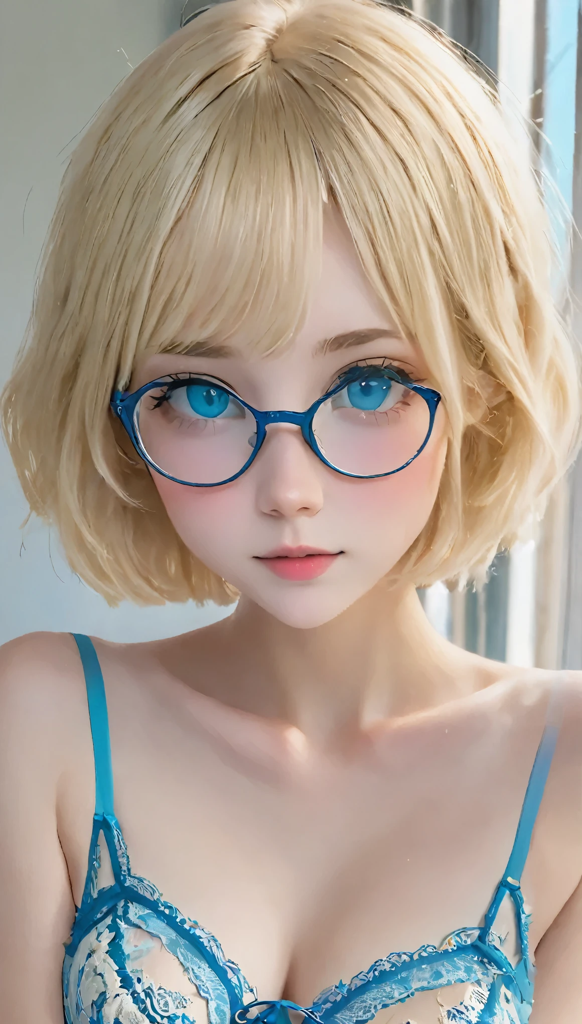 Beautiful and fair、Radiant Skin, 3 Up, Gorgeous, bright, Refreshing and gentle expression, Perfect beautiful face、Blonde short hair,Beautiful shiny bangs, A very beautiful girl, Eyeliner, Very perfect and beautiful lovely big clear sky blue eyes,Very large breasts,Grooves reveal original skin,Muscular body,Silver glasses,Tight lace lingerie,student
