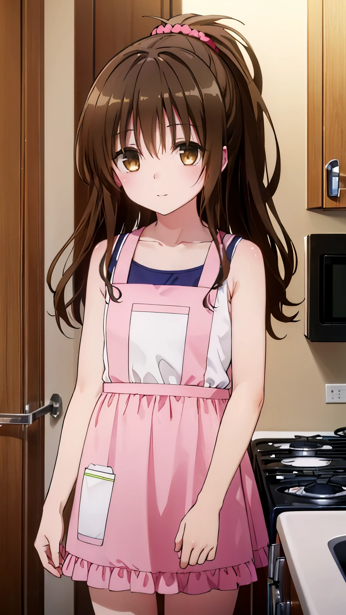 Follow Us, Food Yuuki, (Brown eyes:1.7), Brown Hair, hair ornaments, hair Scrunchie, Long Hair, smile,blush,pink Scrunchie, Scrunchie, (Flat Chest:1.2),White Sleeveless Dress,Exposing shoulders,Bare neck,bare clavicle,Shorts,apron,White socks,cook in the kitchen、フライパンでエビを調理する break looking at viewer, break indoors, kitchen, break (masterpiece:1.2), highest quality, High resolution, unity 8k wallpaper, (shape:0.8), (Fine and beautiful eyes:1.6), Highly detailed face, Perfect lighting, Highly detailed CG, (Perfect hands, Perfect Anatomy),