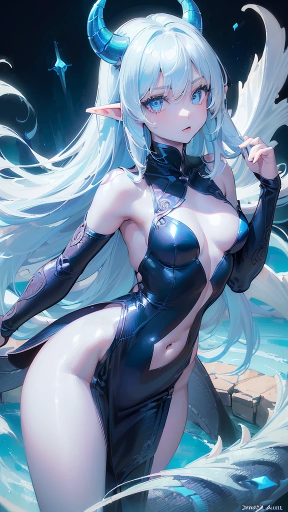 (((small and young girl))), (Dragoness long white hair that is loose and straight, one of the strands of her hair hits her face),(((Light blue skin color))),(blue eyes like emeralds), pointed elf ears, ((with a Dark blue horn)),(With a dark blue tail with several light blue emeralds on the tail),(Defined body), (Medium sized breasts and big butt),((Young dragon girl is in a skin-tight dress that shows her body like navel and back)),((high quality)),((high resolution)), ((detailed)), ((vibrant colors)) , ((correct proportions)), ((perfect anatomy)), ((detailed eyes)), ((realistic eyes)),((detailed background)), ((realistic environment)), ((no deformations))