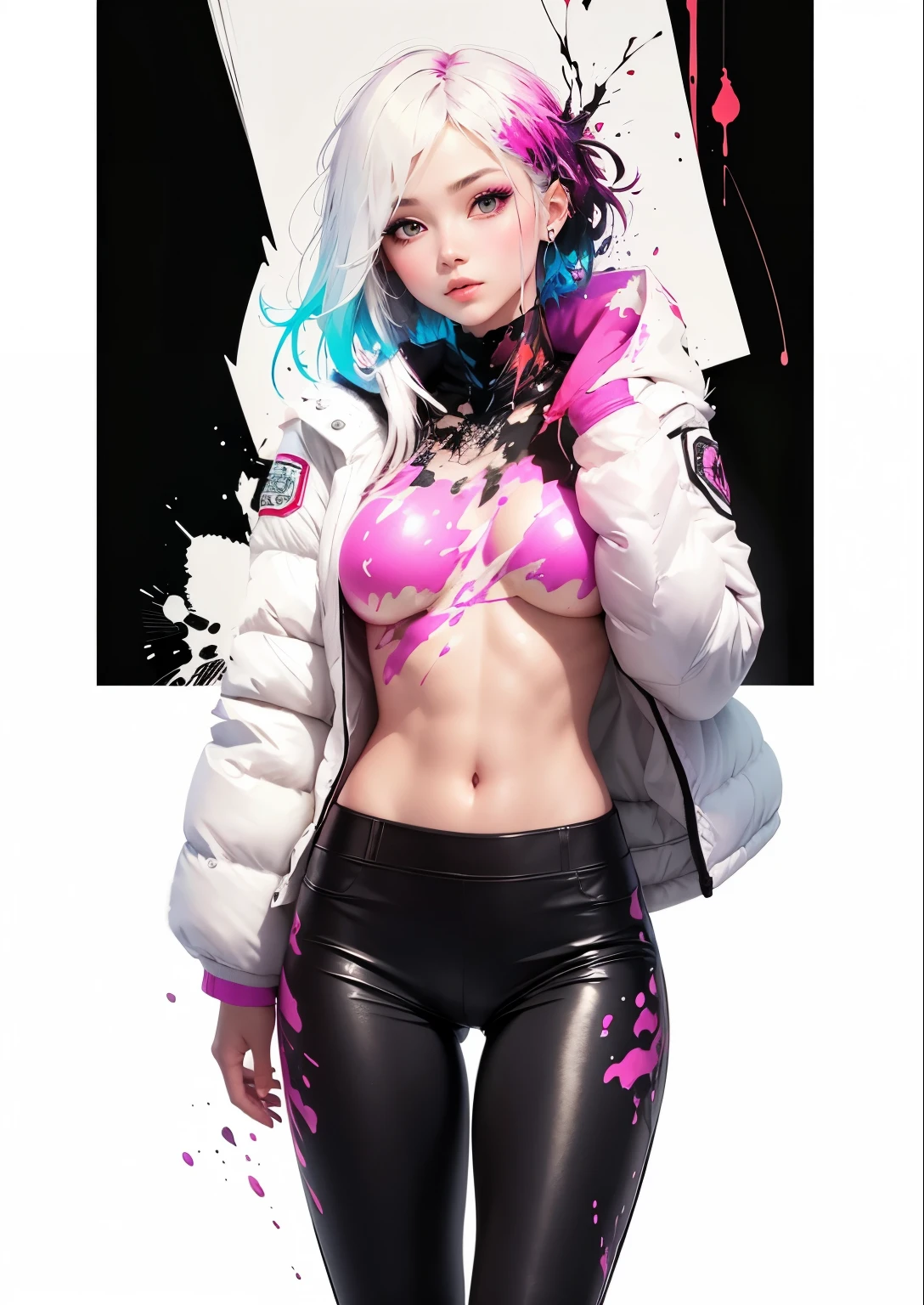 perfect body, white parka, Black pants, high detailed real skin, high quality skin, splash pink ink, splash blue ink, splash many color ink, artful, professional lighting, real shadow, masterpiece,