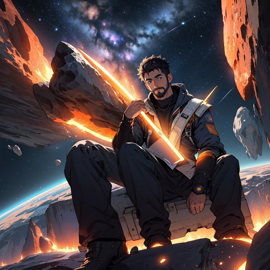 Draw a young programmer, sitting on a research platform floating in the middle of an asteroid belt. He is studying with a notebook, surrounded by several asteroids glowing with fiery auras. Dramatic lighting from distant stars and planets illuminates the scene, casting deep shadows on the suit. The young man looks confident and determined, looking at the vast and mysterious universe with wonder and respect,facial hair, cowboy shot,