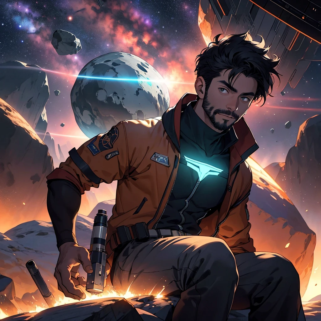 Draw a young programmer, sitting on a research platform floating in the middle of an asteroid belt. He is studying with a notebook, surrounded by several asteroids glowing with fiery auras. Dramatic lighting from distant stars and planets illuminates the scene, casting deep shadows on the suit. The young man looks confident and determined, looking at the vast and mysterious universe with wonder and respect,facial hair, cowboy shot,